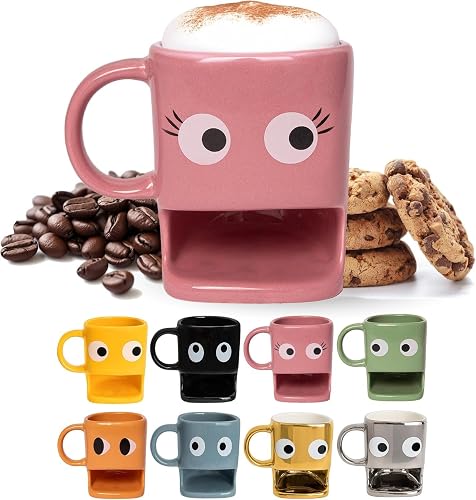 Fisura Original Eyes Mug with Biscuit Holder - Ceramic Mug with Biscuit Hole, 240 ml (Pink)