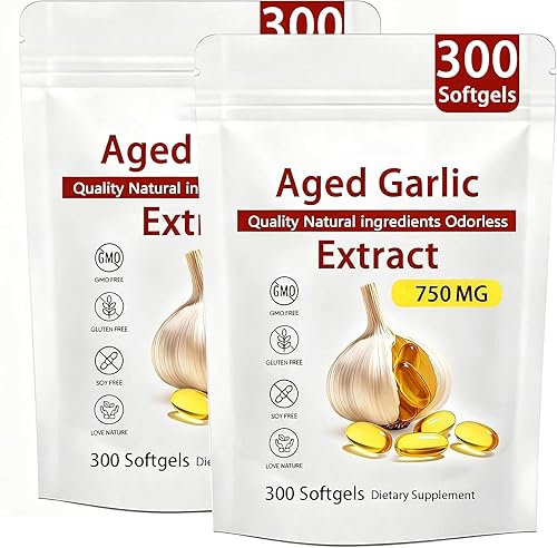 Extracto de ajo añejo, suplemento de ajo inodoro de 300 unidades para apoyo cardíaco e inmunológico, cápsulas blandas totalmente naturales, 2 años