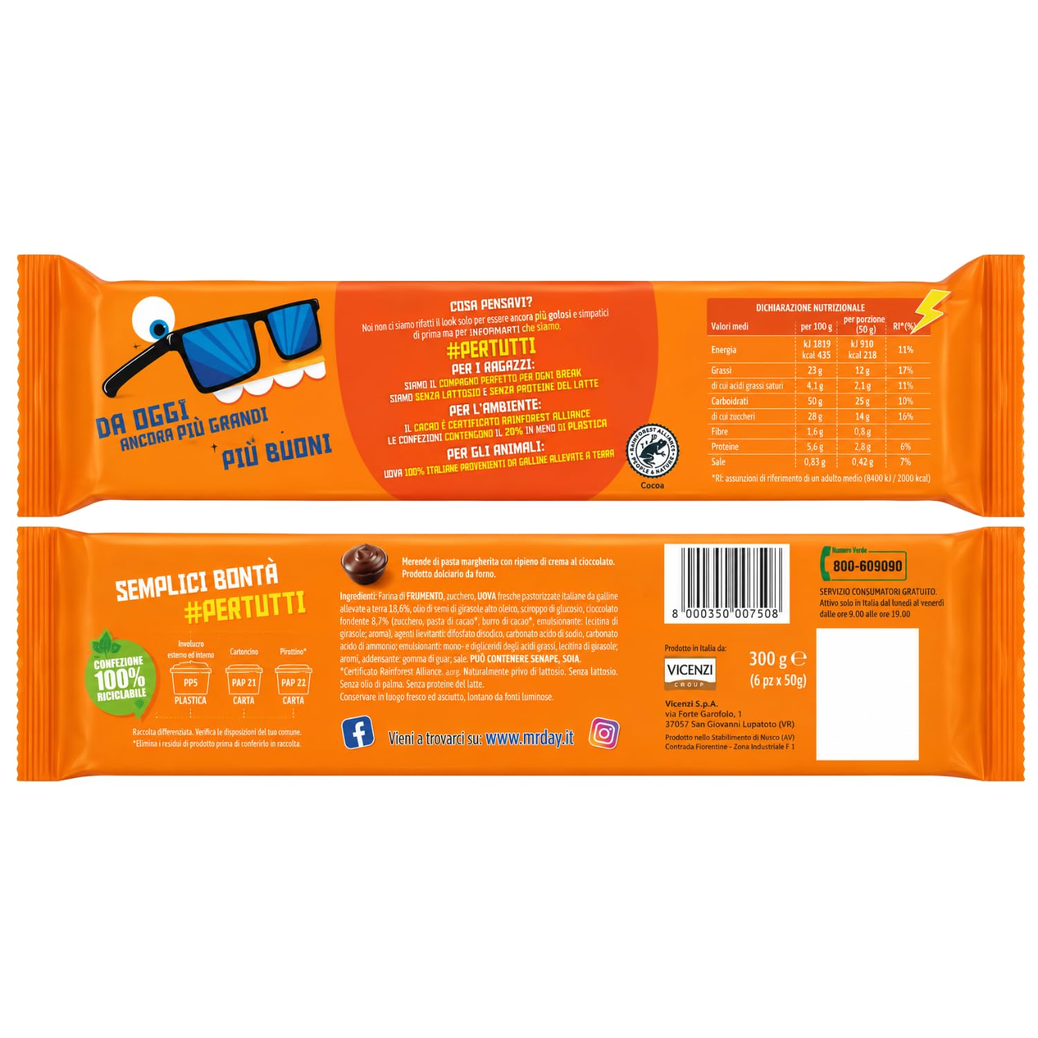 Ciambelle con Crema al Cioccolato Senza Lattosio, 300 g, 6 Ciambelle Soffici Ideali per Colazione e Merenda, Snack Dolce, Confezione Multipla da 4/8/12 Pezzi (12 PEZZI)