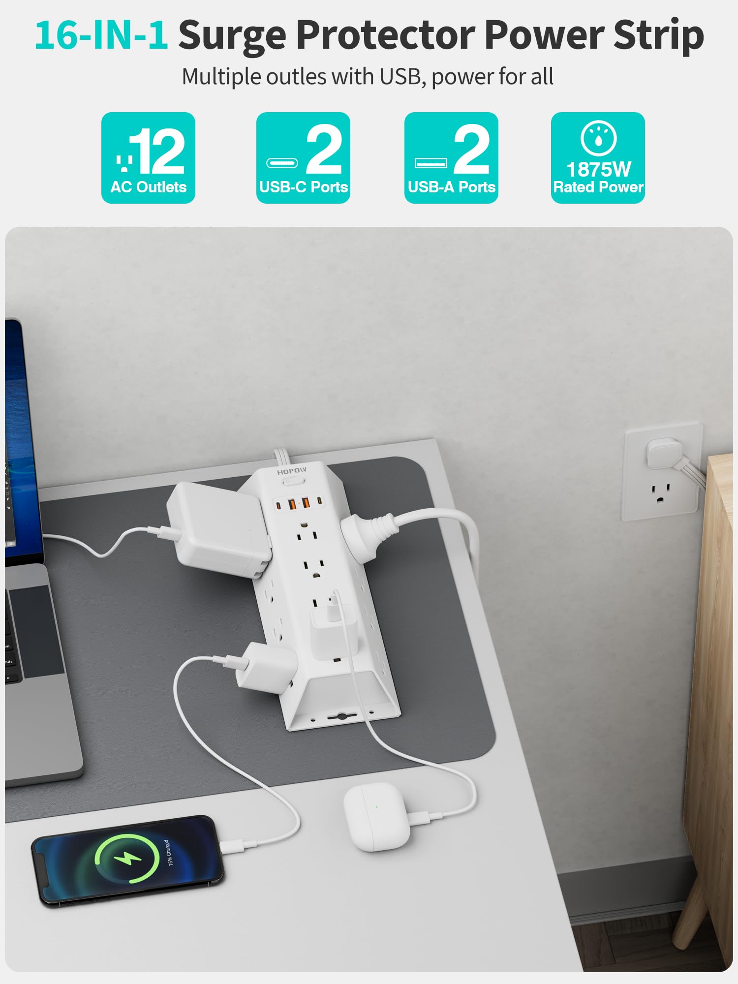 HOPOW Surge Protector Power Strip, 5FT Extension Cord with 12 AC Outlets & 4 USB Ports (2 USB C), Wall Mount, Flat Plug Charging Station, 1700 Joules Surge Protector for Home Office, White