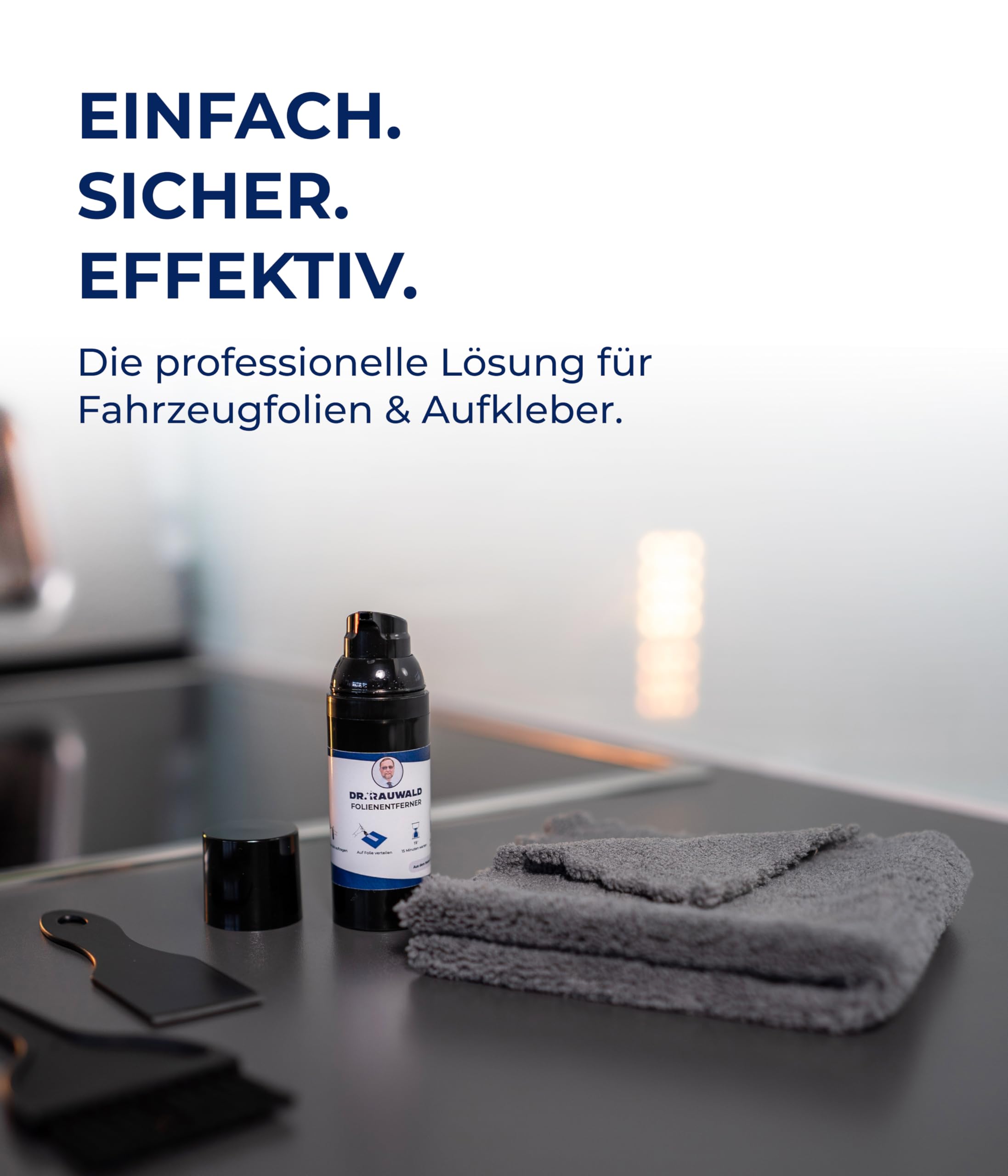 Dr. Rauwald Folienentferner Auto 4-TLG. Set für Aufkleber & Vignetten | Inkl. Rakel, Pinsel & Tuch. Lackschonend (pH-neutral). Löst Tönungsfolie, Werbefolie & Klebereste in nur 15 Min.