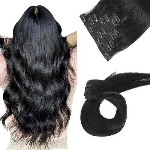 Clip in Hair Extensions Real Human Hair Jet Black 12 inch 7pcs 70g/Pack, Human Hair Clip in Extensions, Salon-Grade Quality, Easy Comfort Wear for Women (#1, 12 inch)