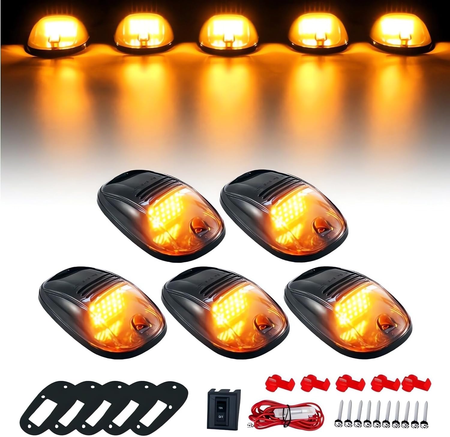 KOMAS 5X Amber 24 LED Smoke Cab Roof Running Top Marker Lights 264146BK Assembly Compatible with Dodge Ram 1500 2500 3500 4500 5500 2003-2018 Pickup Trucks W/Switch Wire Harness