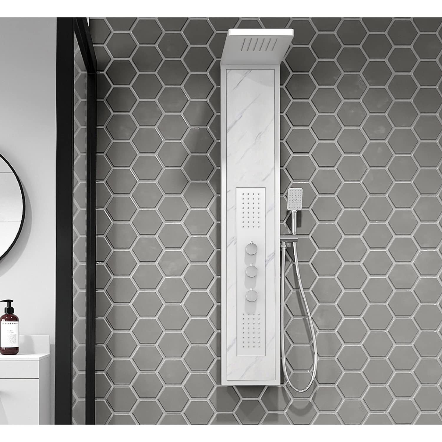 White Marble Effect Thermostatic Tower Shower with Square Hand Shower - Luni