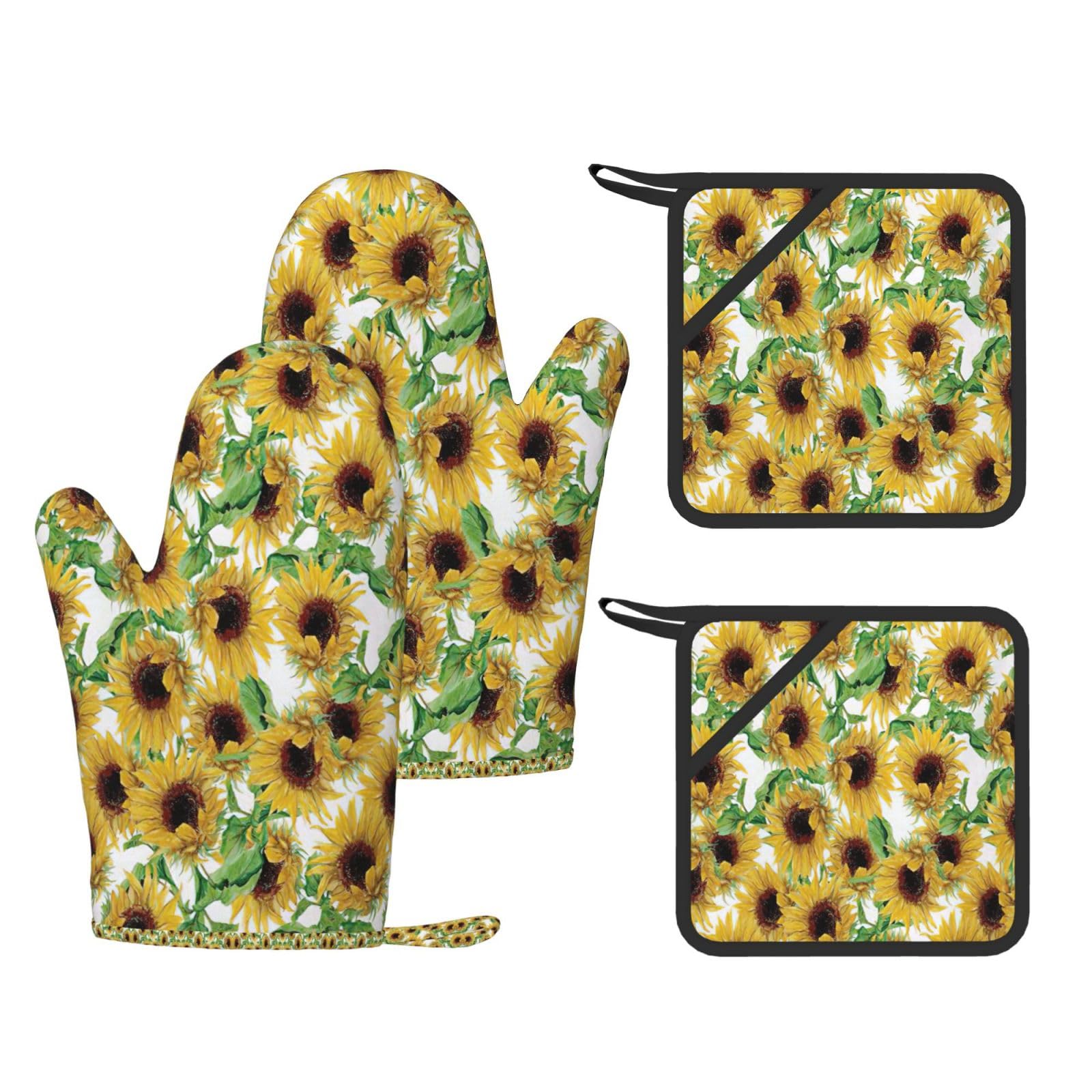 Sunflower.1 Printed Potholder and Oven Mitt Set of 4, High Heat Resistant Cooking Gloves for BBQ Grilling