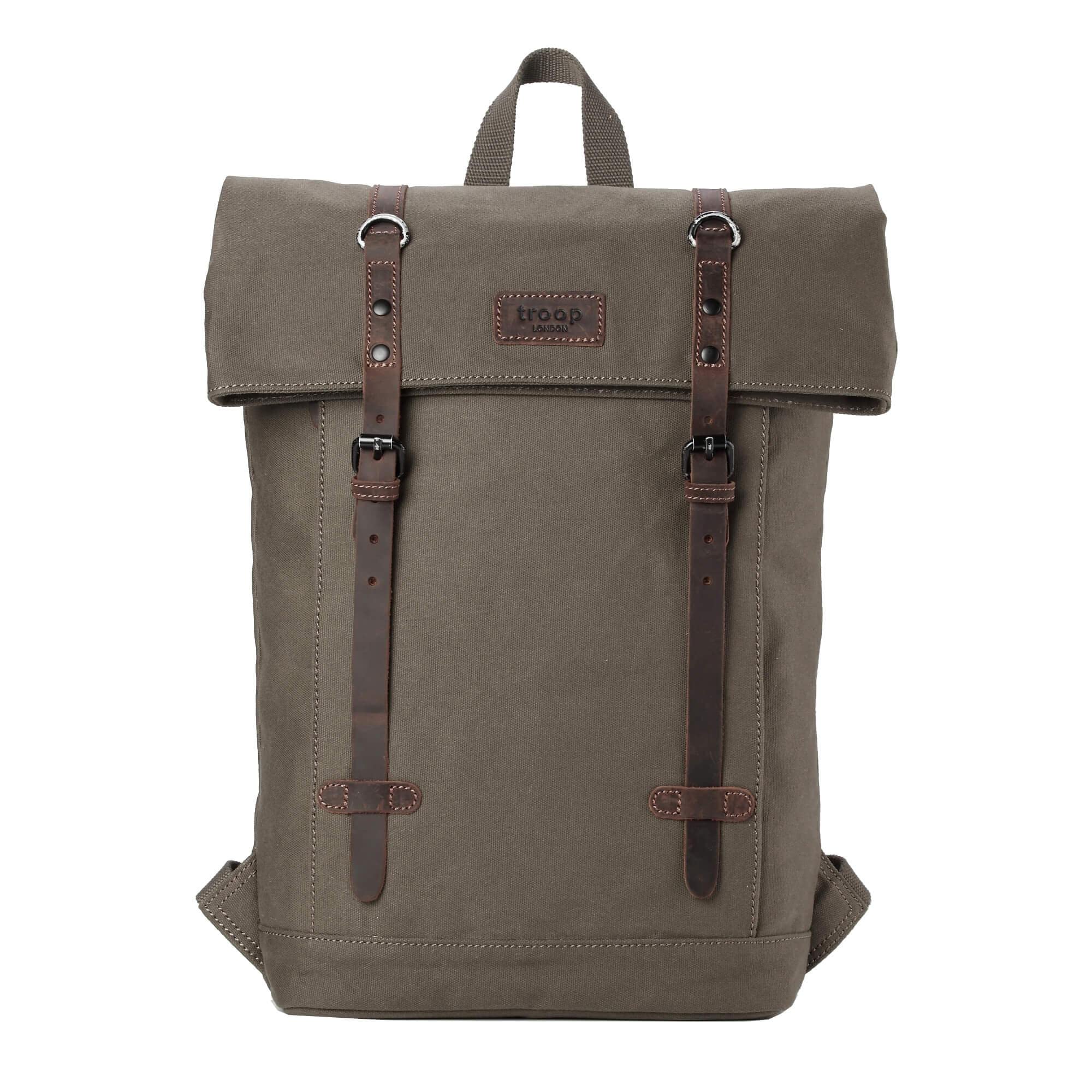 TRP0425 Troop London Heritage Canvas 15" Laptop Backpack, Smart Casual Daypack with Foldable Top - Olive - H48 x W37 x D11 cm