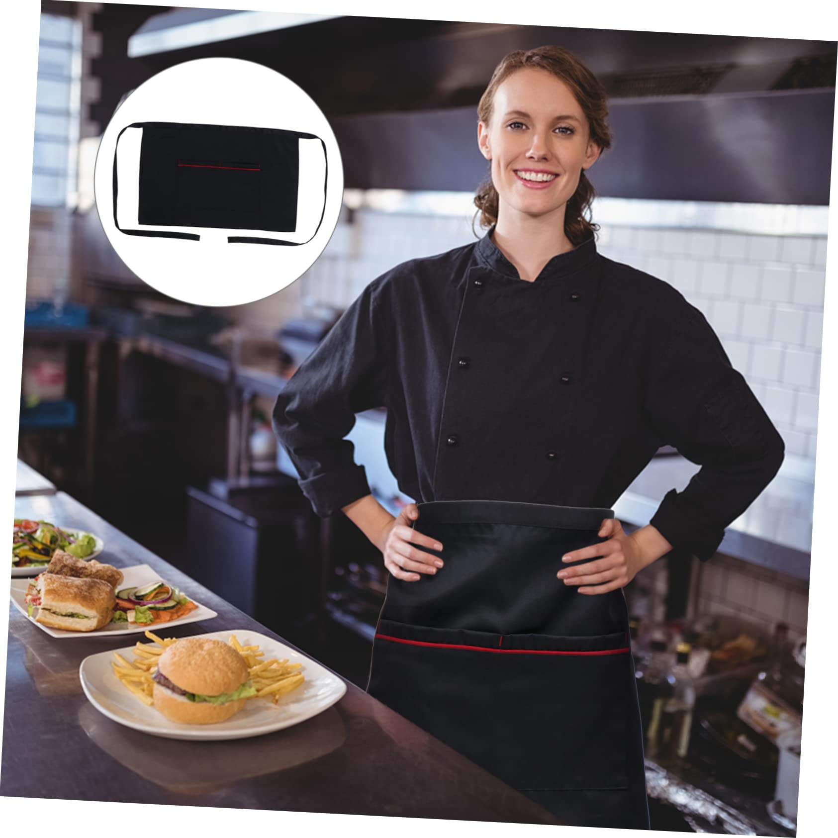 Garneck Short Apron Short Waist Apron Half Apron with Pockets Server Apron Simple Style Apron Kitchen Apron Chef Apron Half Body Apron Housework Apron Waitress Apron Black Polyester Cotton