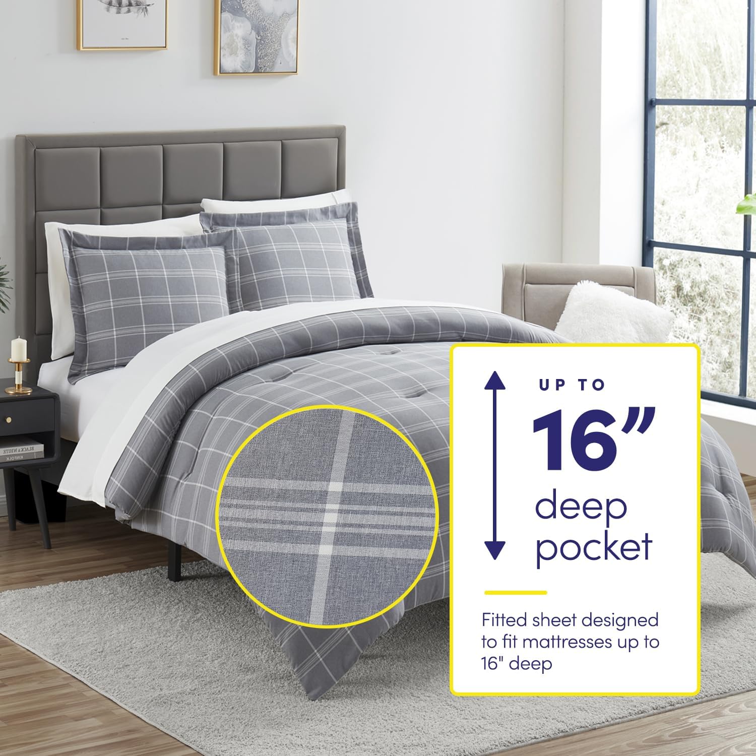 7 Piece Comforter Set Bag Solid Color All Season Soft Down Alternative Blanket & Luxurious Microfiber Bed Sheets, Twin, Gray Plaid - Image 2