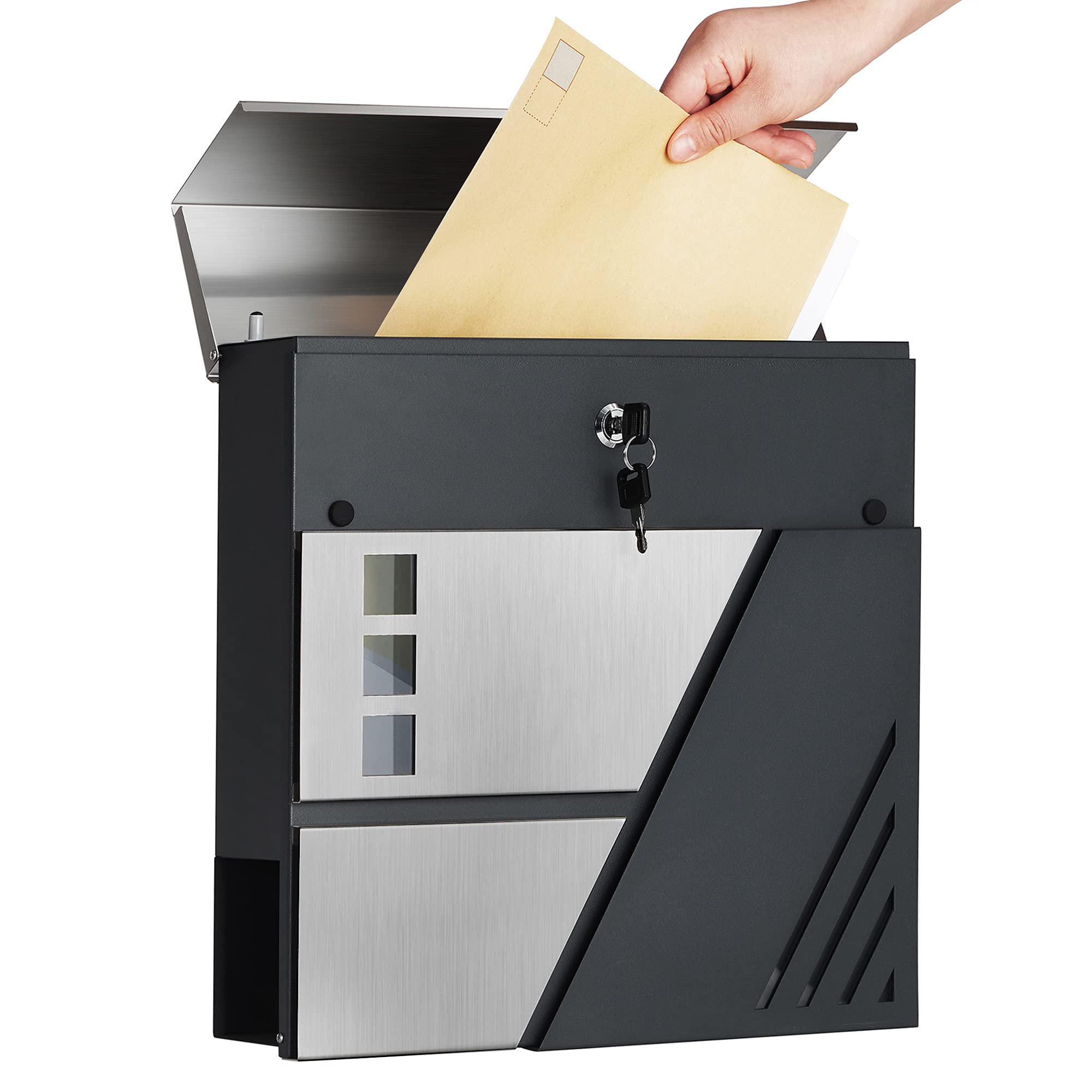 SONGMICS Cassetta delle lettere da parete, con finestre di visualizzazione, in acciaio inox, per cancello, porta d'ingresso, con serratura e chiavi, argento e grigio antracite GMB053G01