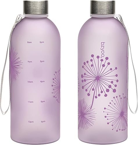 bzyoo Botella de agua transparente de 32 onzas con marcador de tiempo, diseño de diente de león, plástico duradero, sin BPA, reutilizable, con