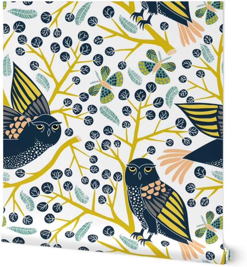 Peel & Stick Wallpaper 6ft x 2ft - Owl Leaf Modern Butterfly Endangered Species Animals Night Custom Removable Wallpaper by Spoonflower