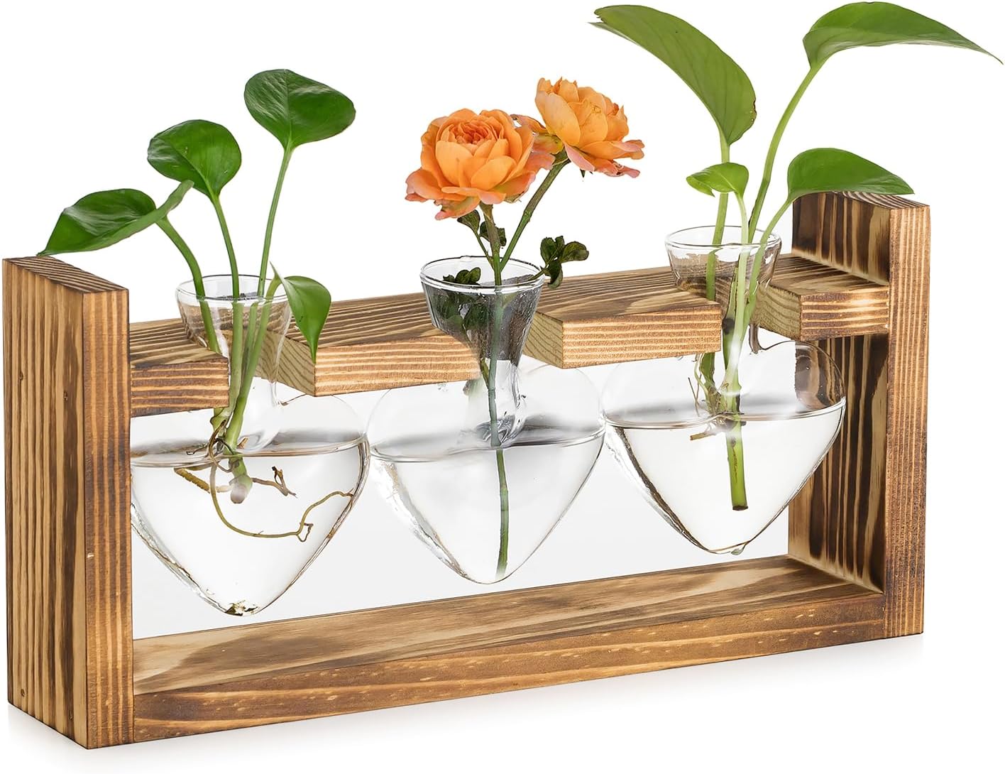 Hewory Propagation Station Plant Terrarium: Vintage Heart Shaped Glass Vase with Retro Wooden Stand - Glass Terrarium Jar Hydroponics Propagators for Plants Home Office Table Centrepiece
