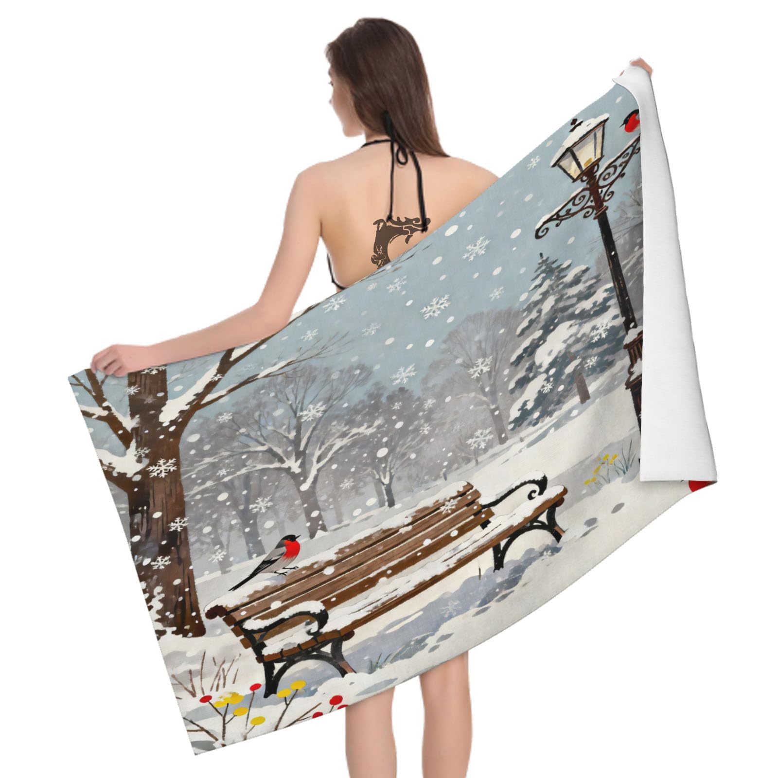 Leichong 3D Winter Snow Scene Beach Towel Large Microfiber Soft Quick Dry for Adults, Bullfinch Bath Towel Lightweight Soft Absorbent for Travel Swimming Pool Sports, 80 x 160 cm