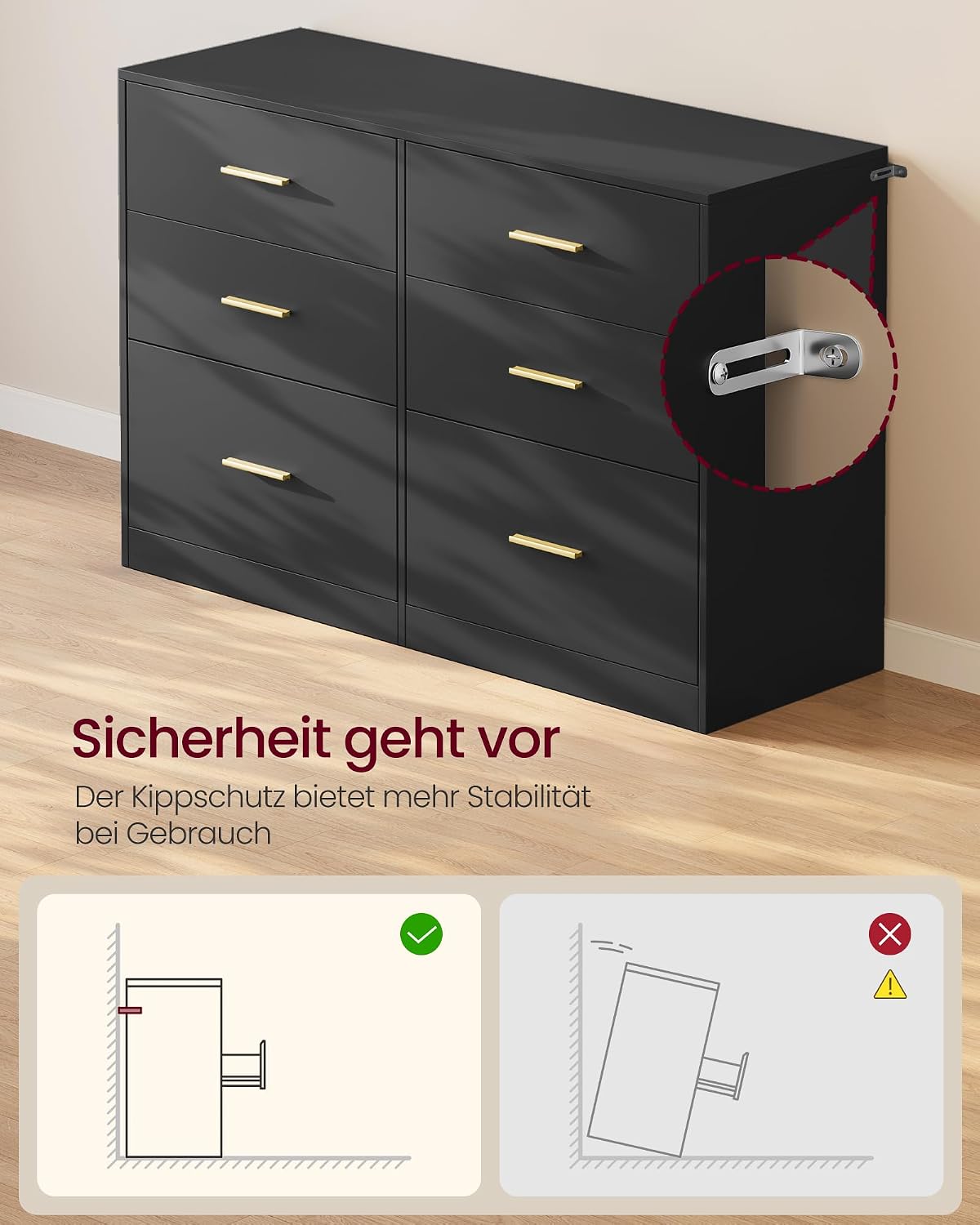 Close-up of an open drawer from the VASAGLE Custos Collection Chest of Drawers, highlighting the golden handle and smooth gliding mechanism.