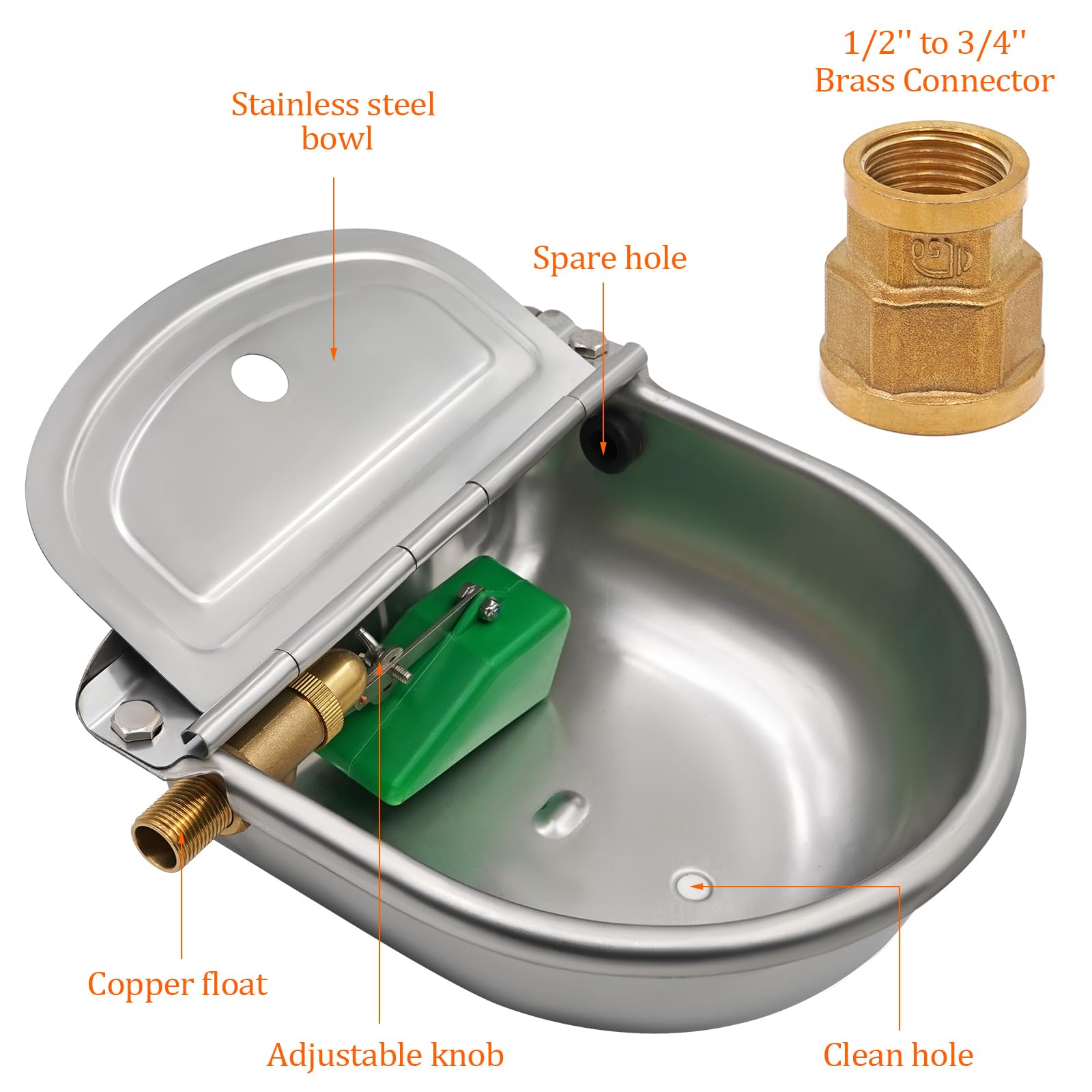 Abreuvoir Automatique en Acier Inoxydable avec Flotteur de Valve en Laiton, Connecteur en Laiton et Bouchon de Vidange Abreuvoir pour Bétail, Chien, Chèvre, Cochon