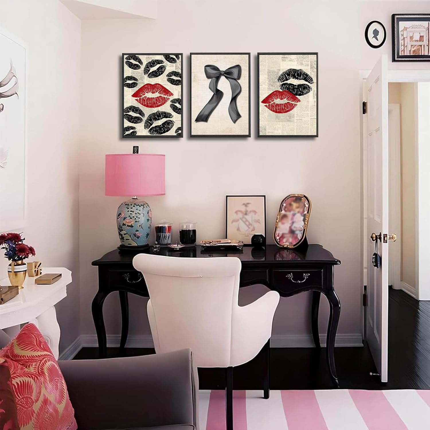 3Pcs Vintage Funky Red Kiss Lip Wall Art Black Bow Wall Decor Picture Trendy Preppy Aesthetic Canvas Posters Prints for Girl Room Dorm Apartment Bedroom Decorations,Unframed 16x24in