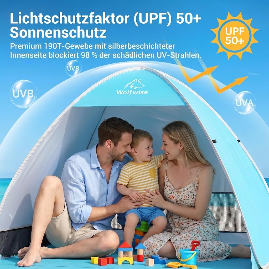 Wolfwise Strandmuschel Pop Up, Strandzelt mit UV-Schutz 50+, Sekundenschneller Aufbau, Wasserabweisend & Belüftet mit Sandtaschen für 2-3 Personen, 150x120x110 cm(59 ×47×43 in), Blau