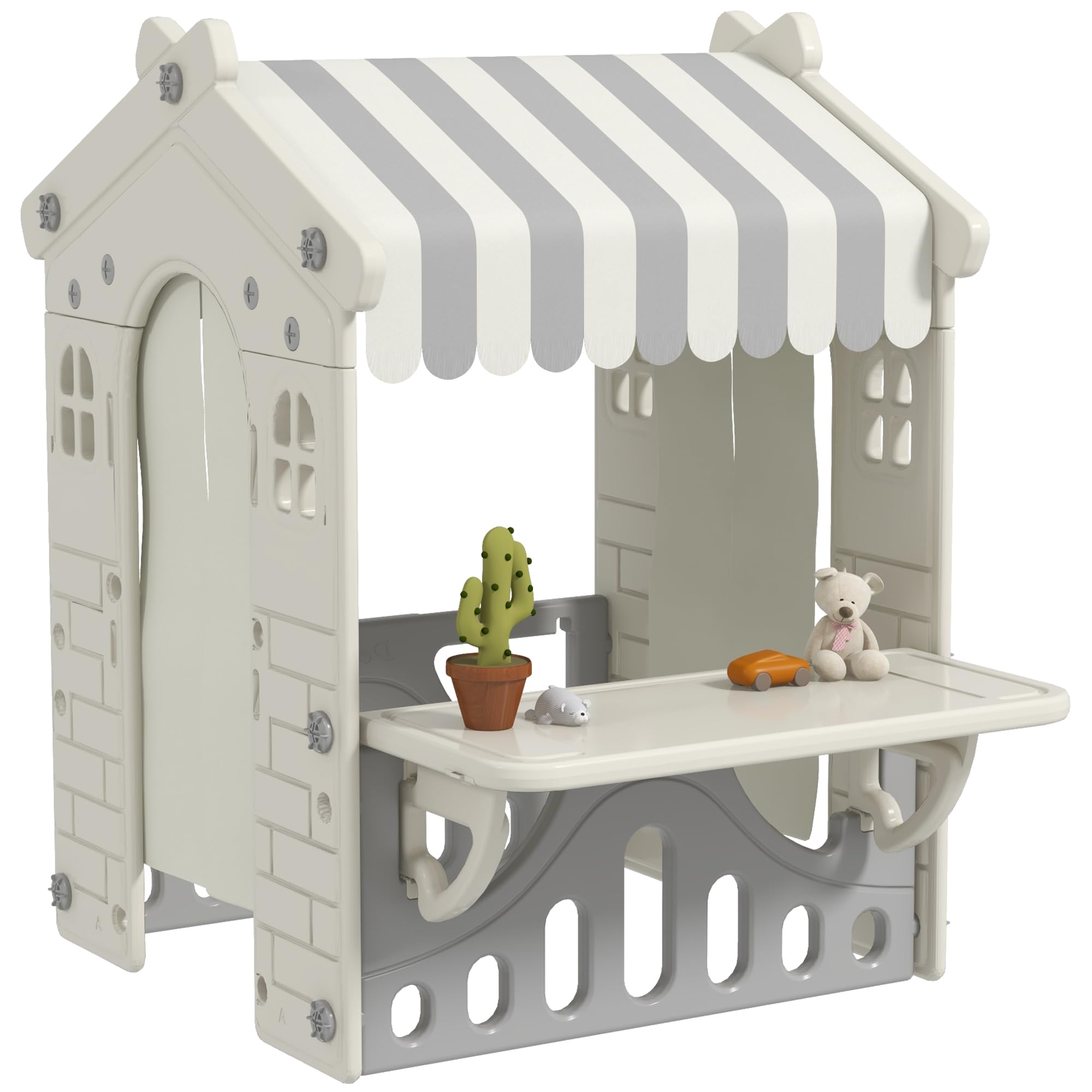AIYAPLAY Casetta per Bambini con 4 Finestre, Porte ad Arco, Tetto e Bancone, Plastica, Crema