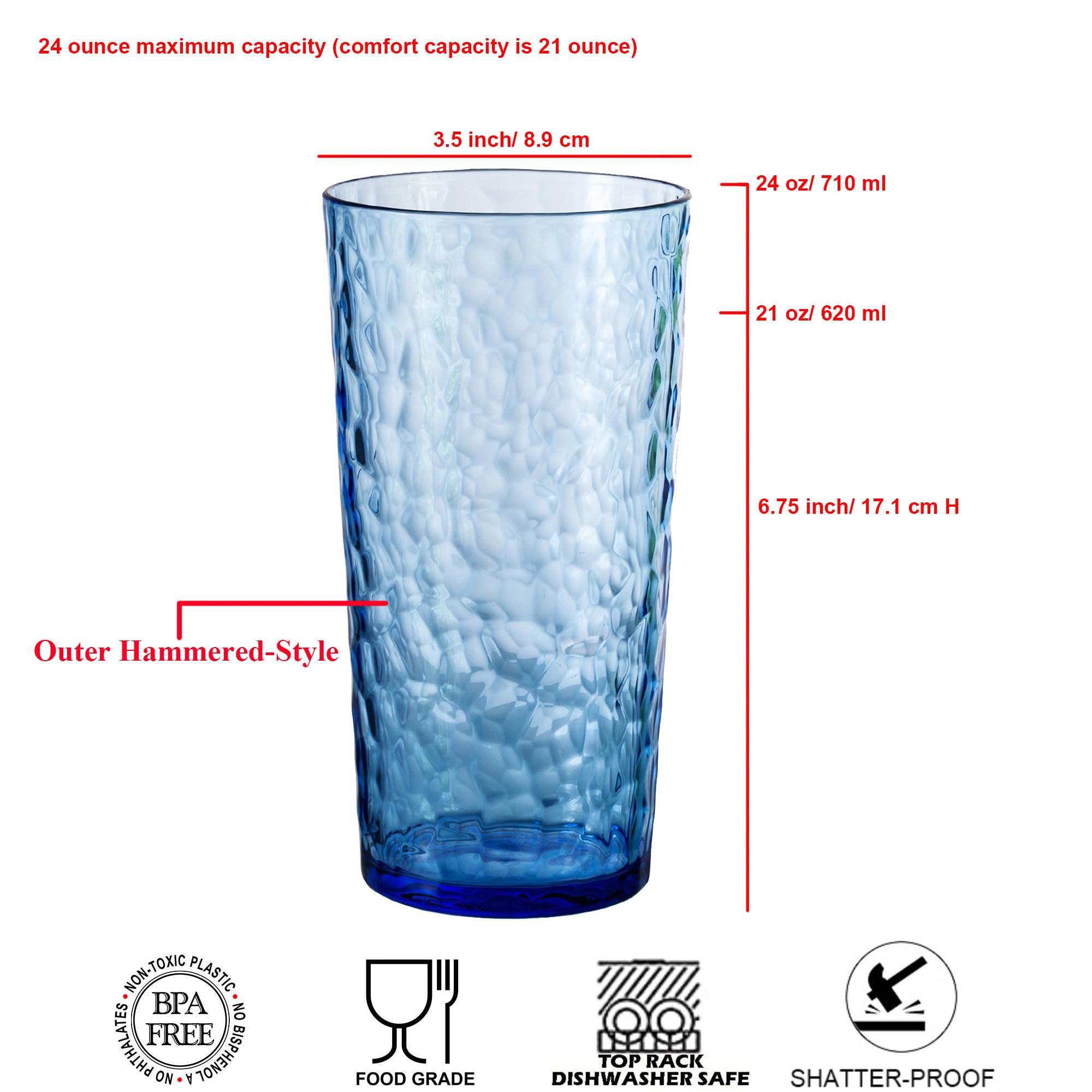 KOXIN-KARLU Hammered - Juego de 6 vasos de plástico acrílico de 24 onzas, multicolor