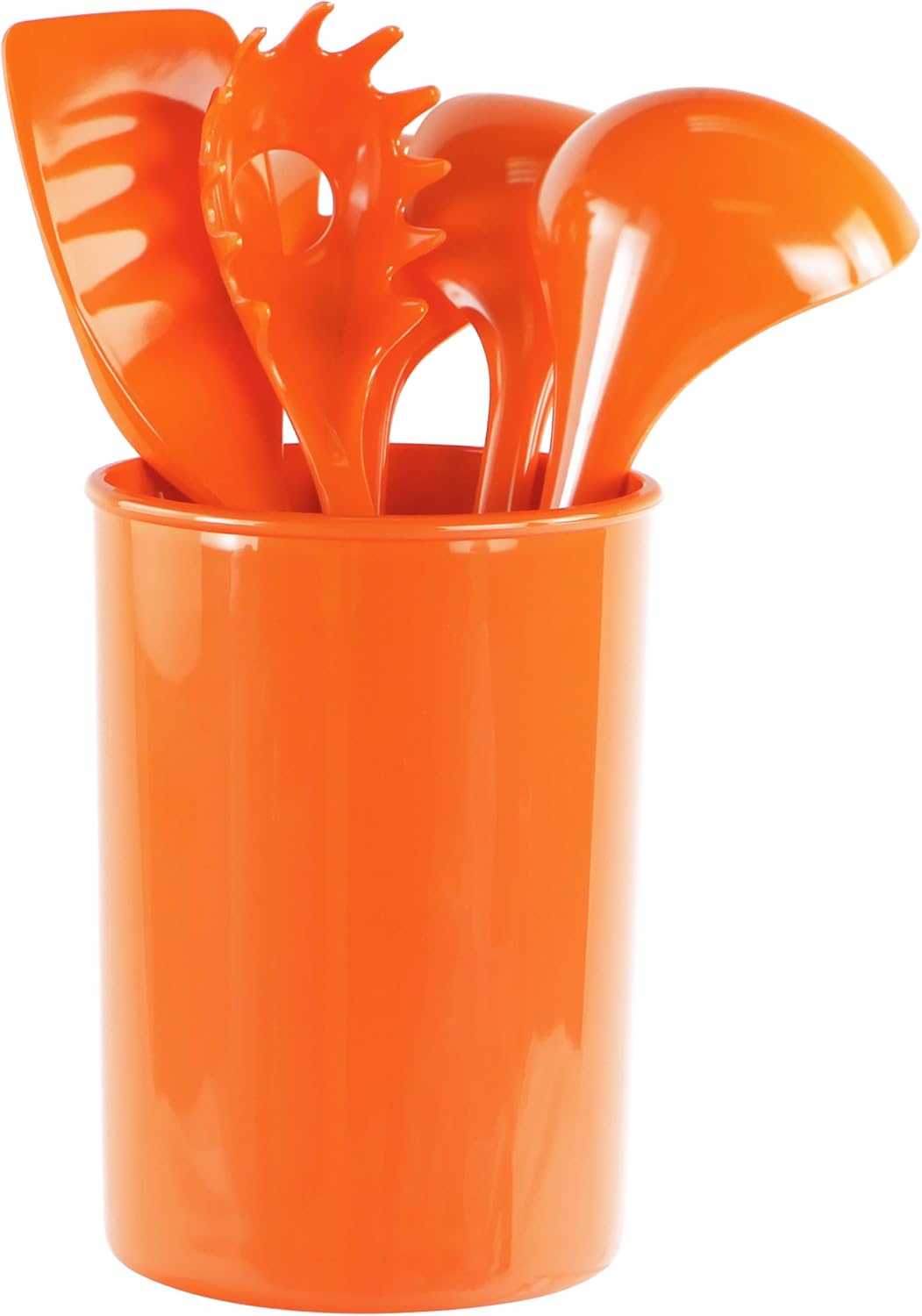 Reston Lloyd 6 Piece Kitchen Utensil Holder for Kitchen Counter, Utensils Crock with Heat Resistant Spoon, Slotted Spoon, Ladle, Spatula BPA Free, Orange