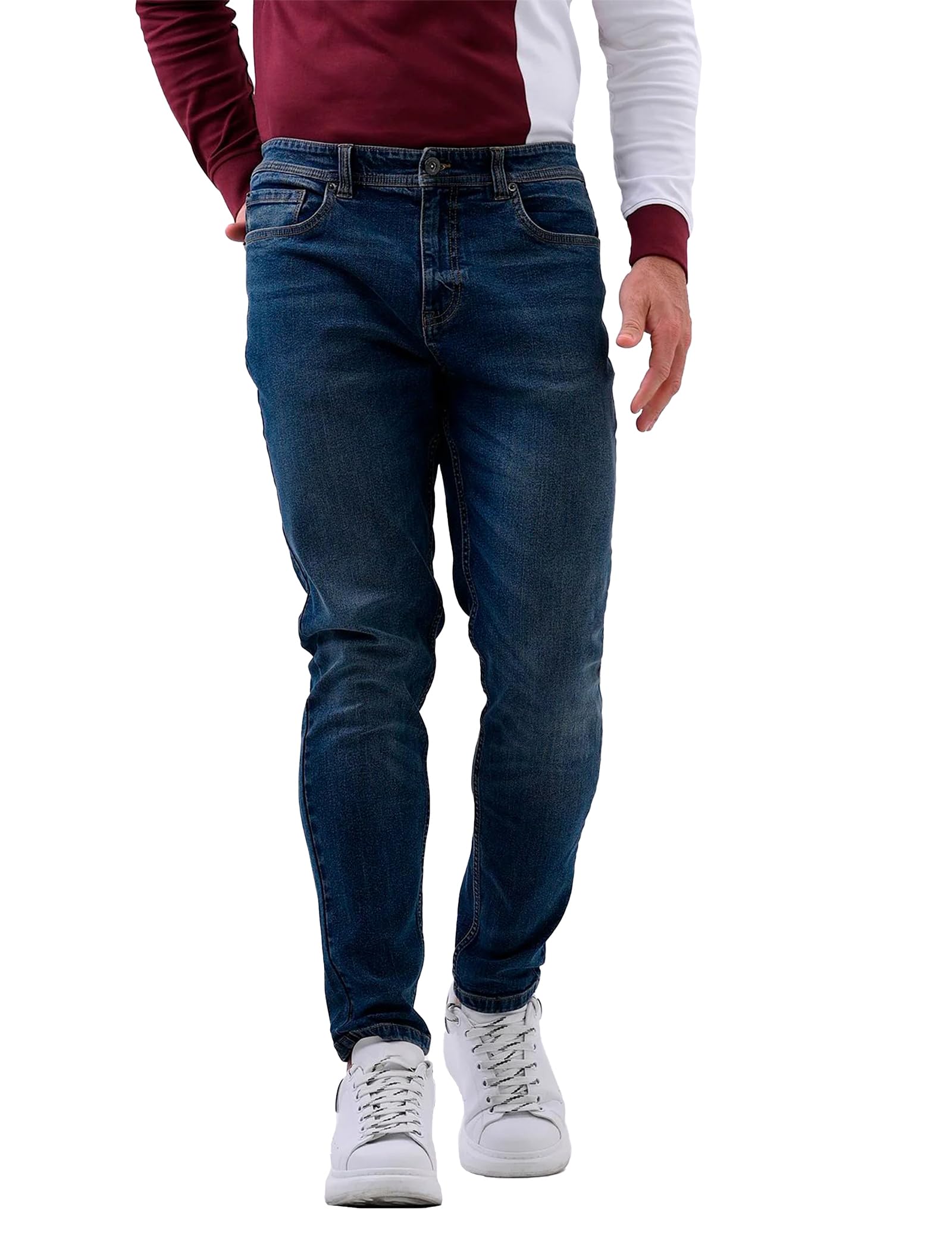 Enorsia Mens Slim Fit Jeans with Five-Pocket Styling, Branded Button and Zip Fly Fastening, Washed Design and Cotton-Rich Denim Fabric (Deep Blue, 36)
