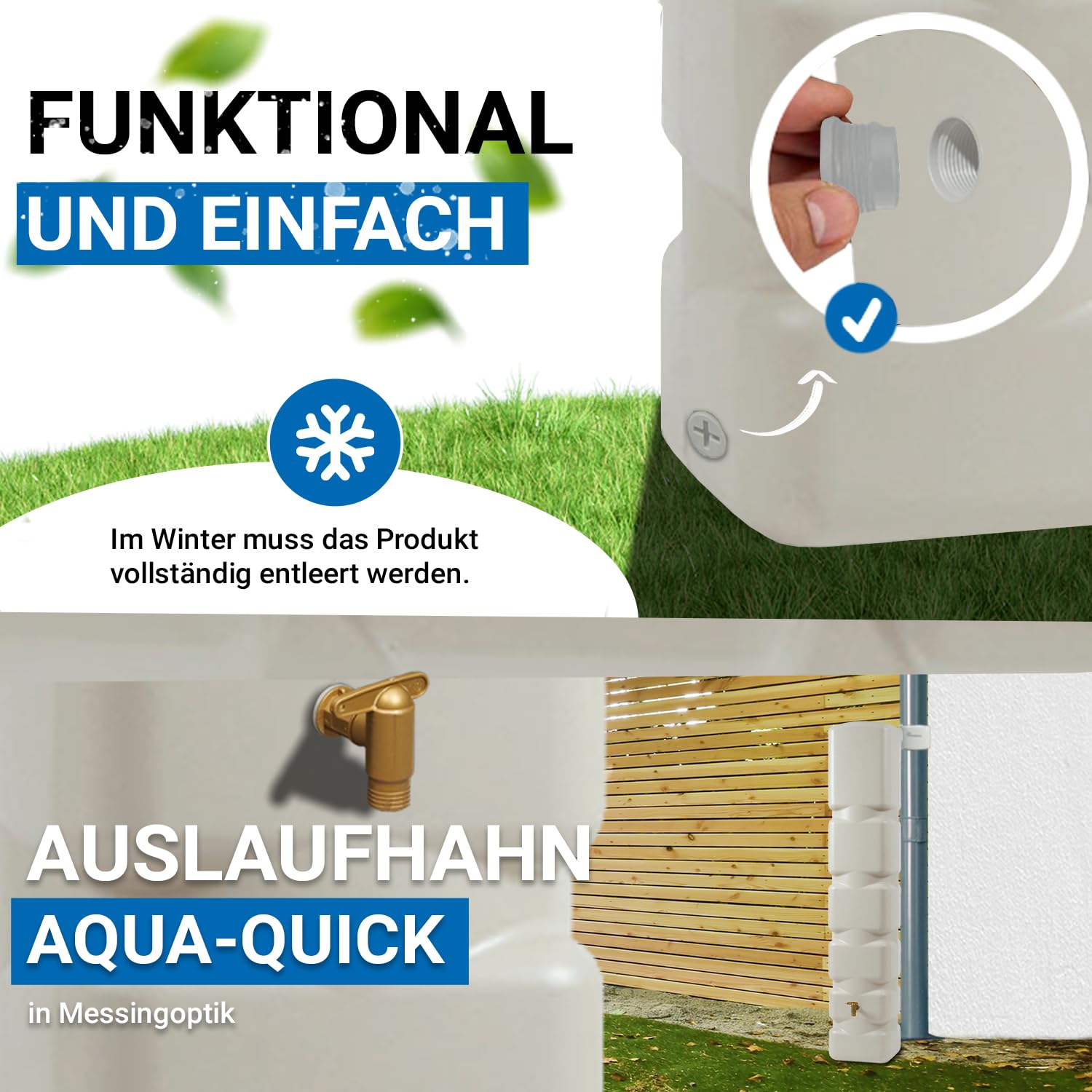 4rain Basic Regentonne Komplett-Set 300 Liter sandbeige | inkl. Kunststoff-Auslaufhahn und Fallrohranschluss Wandtank, Wassertank, Regenwassertonne, Regenwassertank, Wasserbehälter