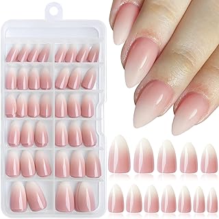 Loveourhome 144pc Ombre Press on Nails Short Almond Fake Nails Glue on Nails Short Press on Nails Gradient Pink White Nails Press False Nails Artificial Fingernail Women Stick Nails with Glue Tabs