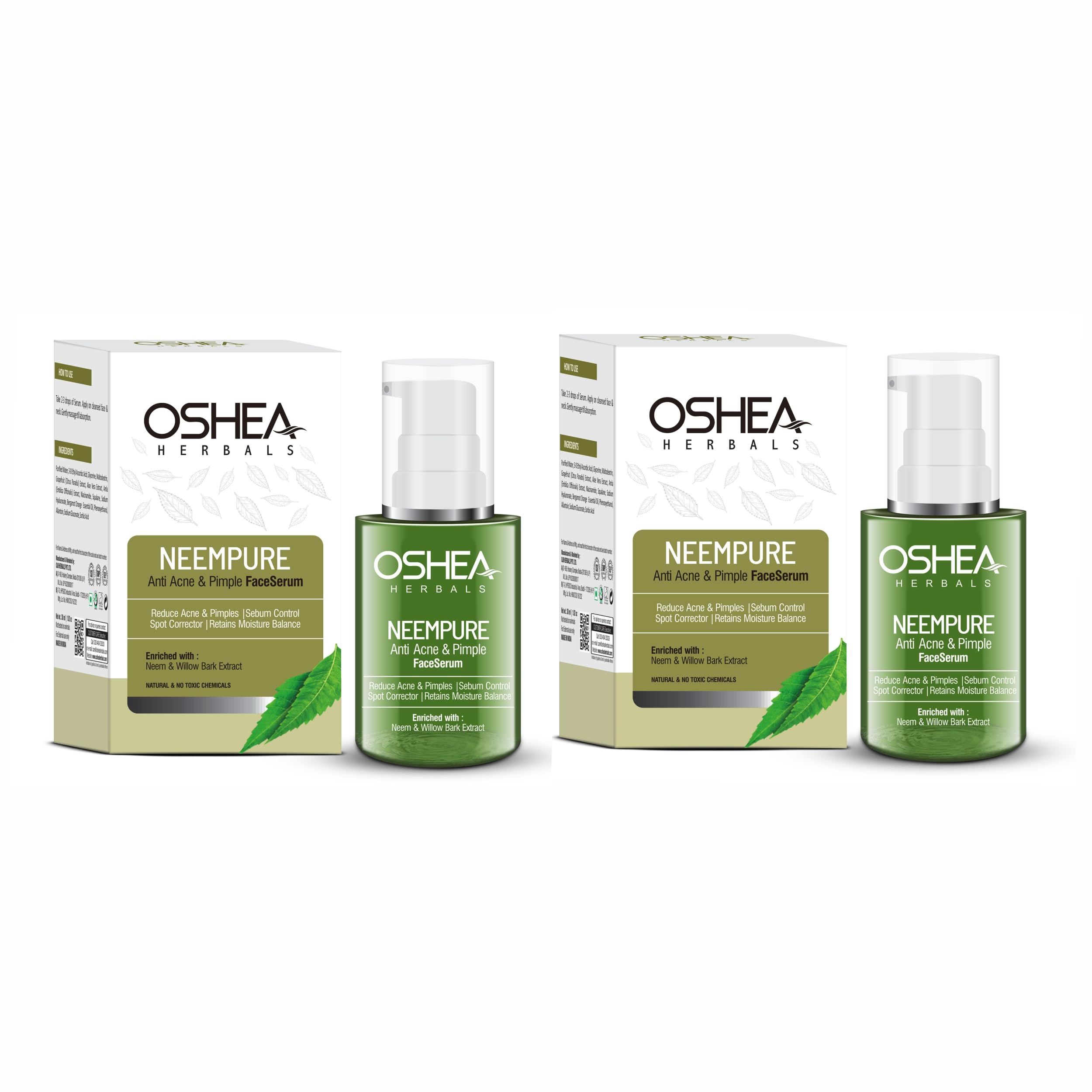 Oshea Neempure Anti Acne Face Serum for Men & Women | Reduces Pimples & Oil Production | Boost Hydration with Spot Correction | Enriched with Neem & Willow Bark Extract | Oily Skin Type(Pack of 2)30ml