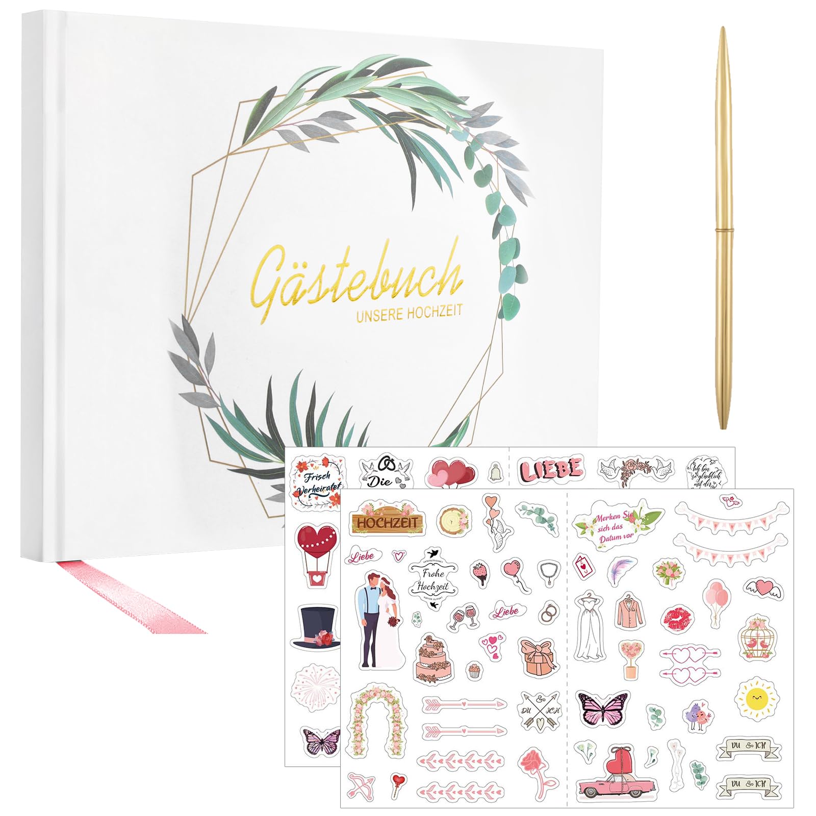 Getyjoe Libro de Firmas de Boda 21 x 21cm Libro de Visitas Álbum de Recuerdo 100 Páginas Blancas Libro de Firmas Bodas Libro de Visitas de Boda con Pegatinas y Bolígrafo Metálico para Bodas Bautizos