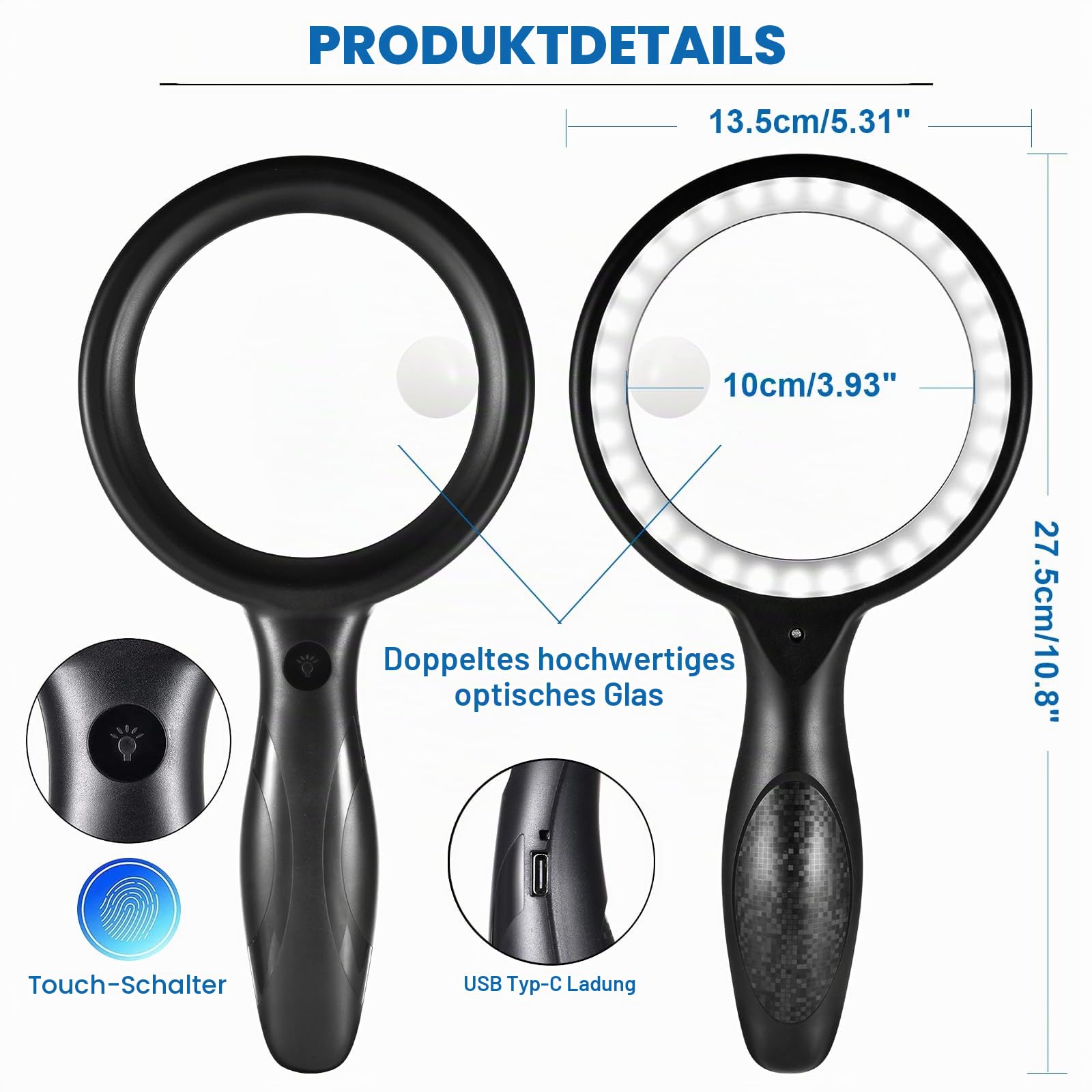 Lupe mit Licht, 60 Fach 30 Fach 33 LED Handlupe 30X Leselupe mit Licht, USB-Aufladung Lupe 3 Modi Leselupe für Senioren, Kinder, Juwelier, Hobbies