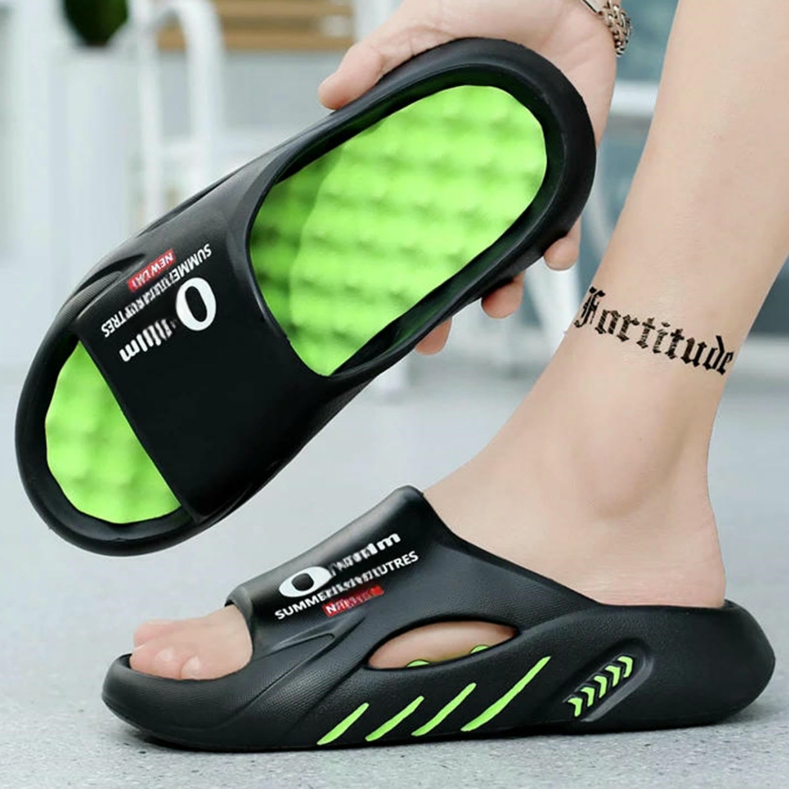 Claquette Hommes des Pantoufles Glissent Les Sandales Extérieures Intérieures Plage Chaussures Décontractées Sempes Masculines-noir-vert-44-45