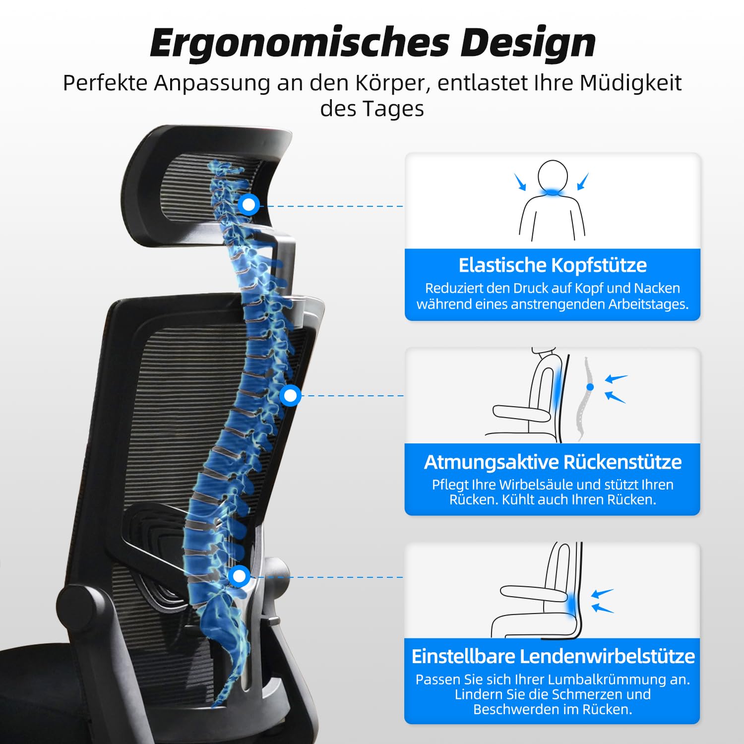 Daccormax Bürostuhl Ergonomisch, Schreibtischstuhl mit Verstellbarer Kopfstütze, Armlehnen, Lendenwirbelstütze, Drehstuhl Wippfunktion bis 135°, Chefsessel aus Mesh, 150kg
