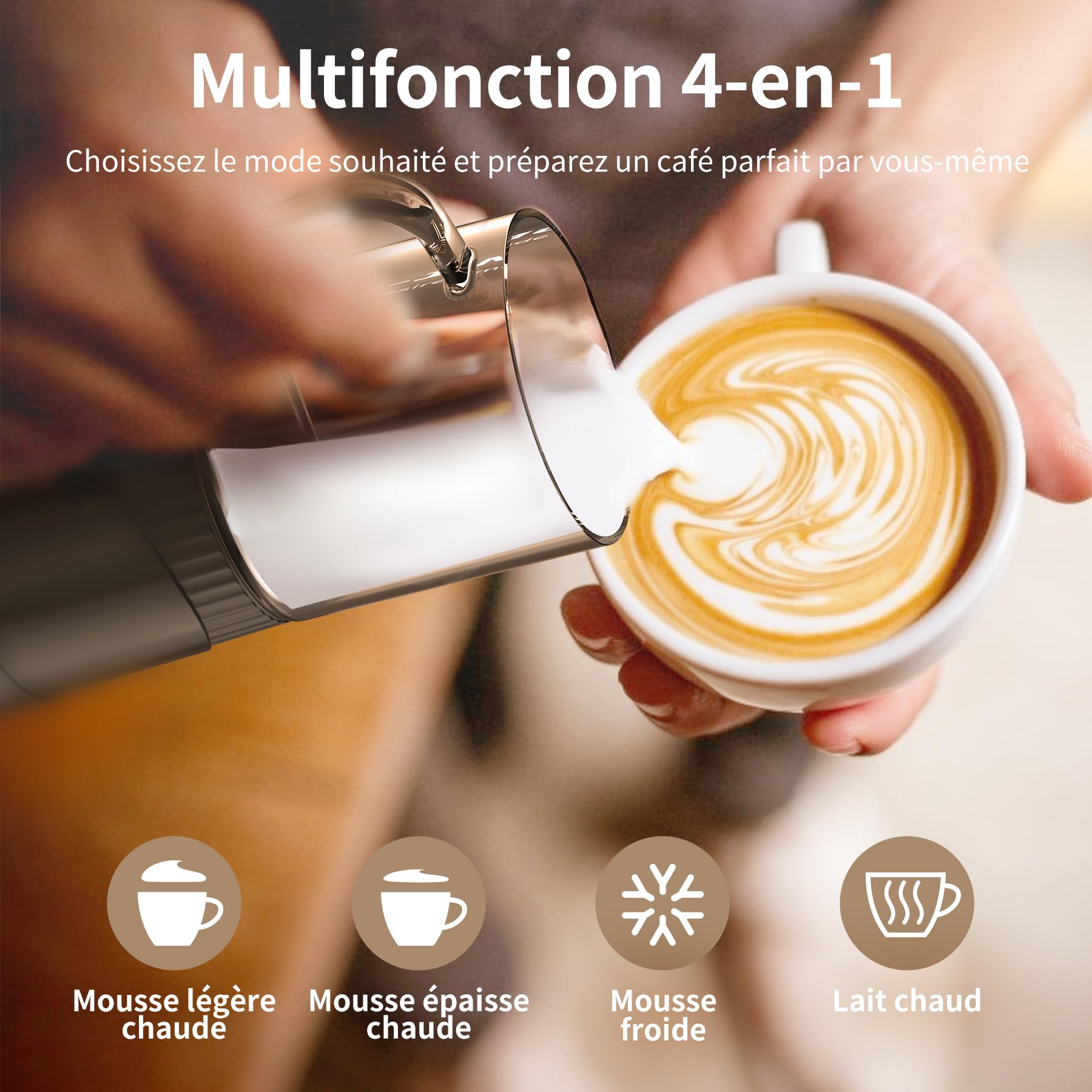 OMISOON Mousseur à lait électrique 4 en 1 400 ml, mousseur à lait automatique à induction 500 W, arrêt automatique, pour mousse de lait chaude et froide, latte macchiato, cappuccino, noir