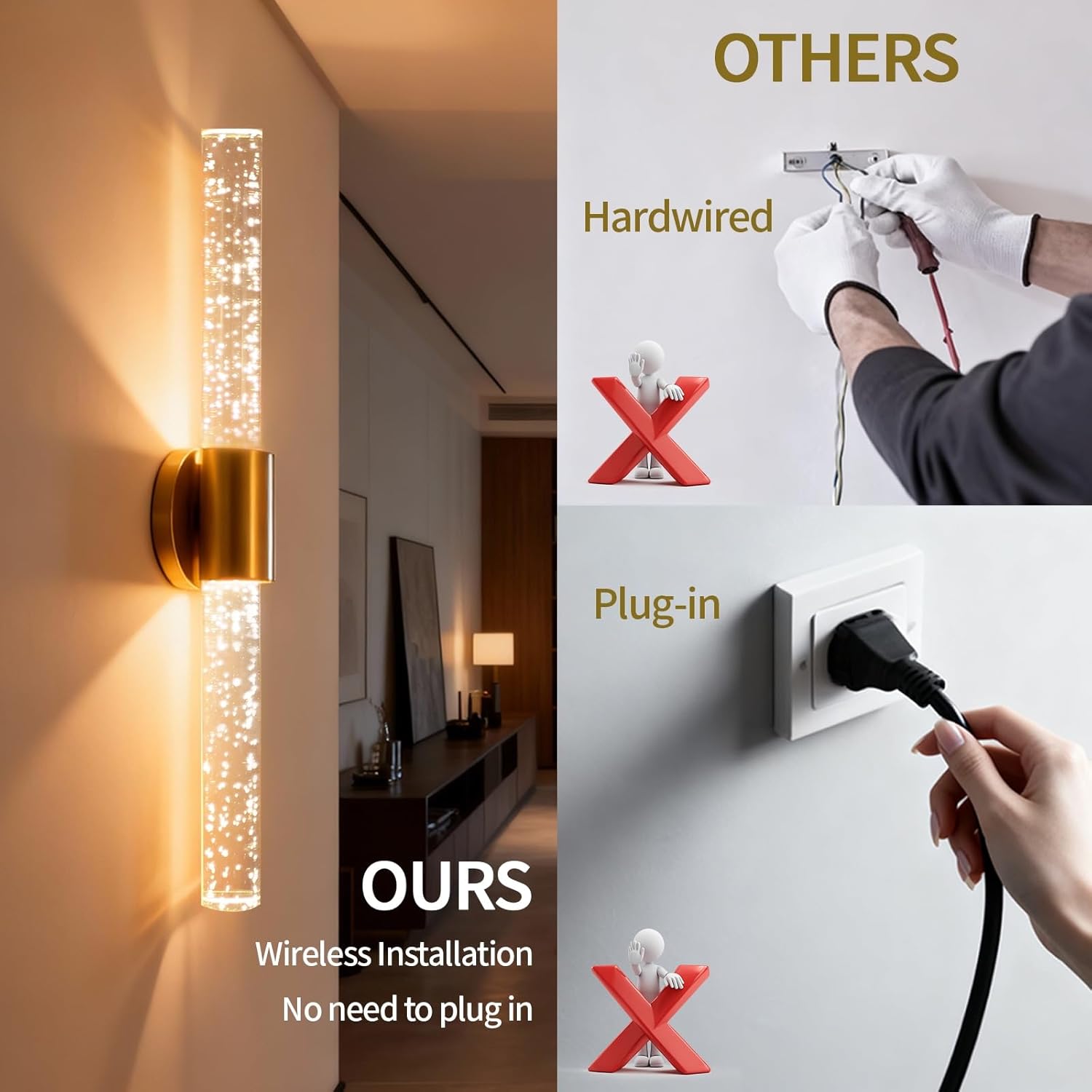 Battery Operated Wall Sconce Set of 2, Gold Rechargeable Wall Light with Remote Control, 3000K-6500K Dimmable Wireless Wall Lamp for Bedroom Living Room Bathroom Hallway