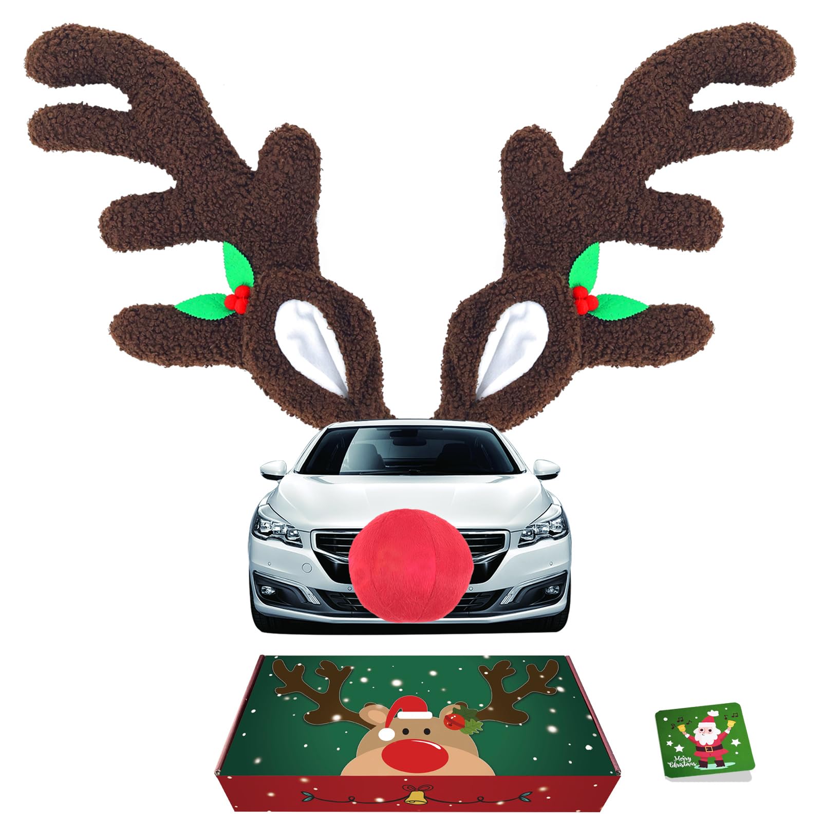 Reindeer Antlers Kit for Cars, Car Reindeer Antlers &amp; Red Nose for Window Roof-Top &amp; Front Grille, Reindeers Costume Set, Car Christmas Decorations Xmas Gifts for Most Vehicles SUV MPV Van Truck