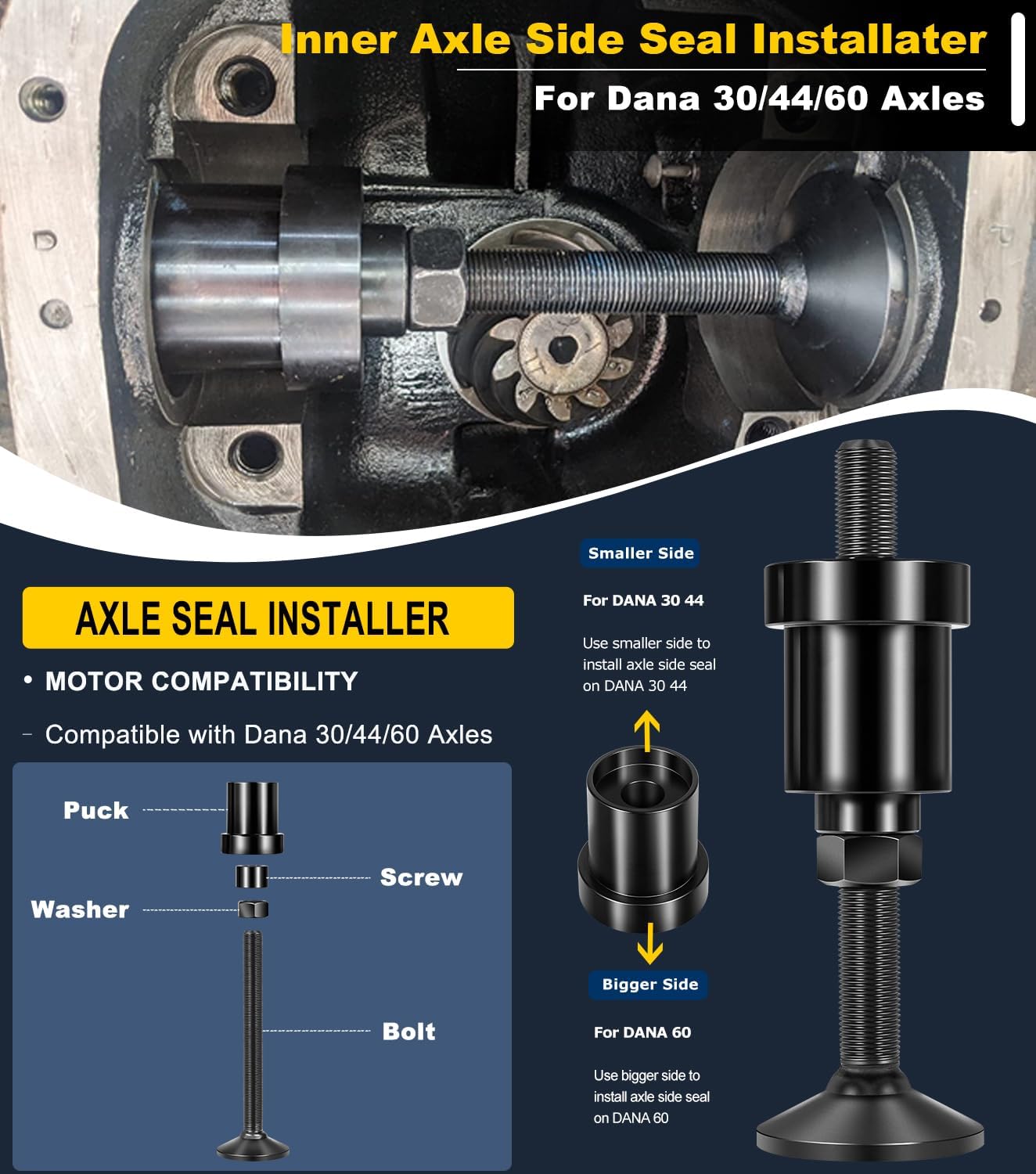 Dana 30 Differential Cover Gasket D030, Inner Tube Seal Kit & Inner Axle Side Seal Installation Tool Kit For Jeep CJ XJ TJ YJ JK Dana 30 Non-Disconnect Front Axle, 3 Tools - Differential Rebiuld Kit