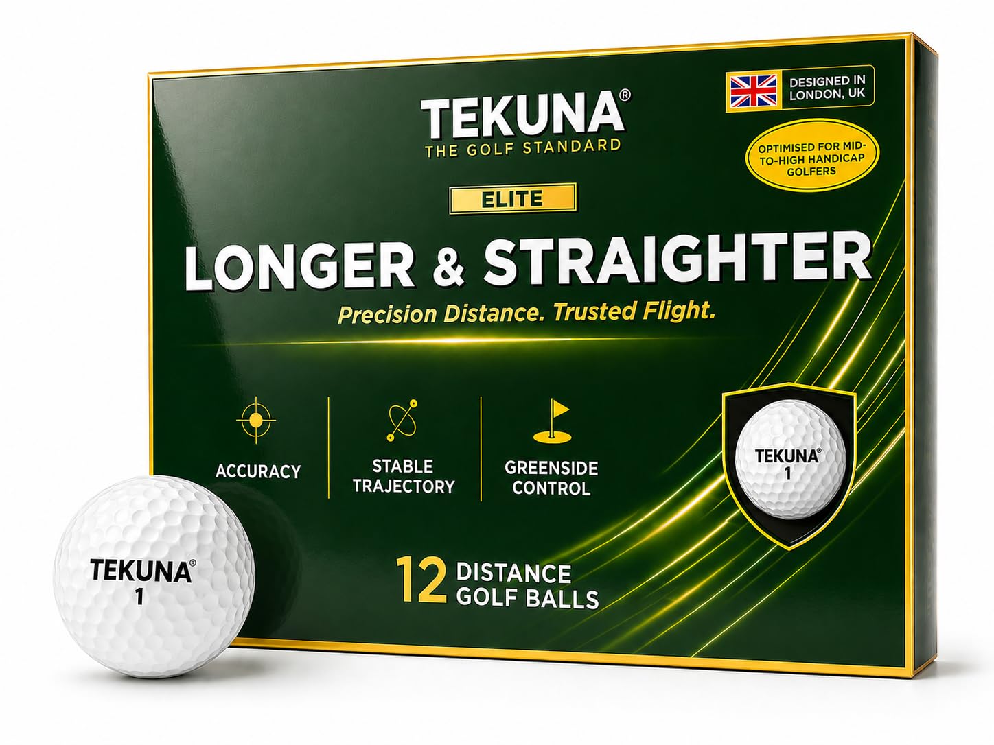 TEKUNA Elite Golf Balls 12 Pack | Distance Golf Balls for Mid-High Handicappers | Longer Straighter Flight | Surlyn Cover | Designed in London UK | 332 Dimple