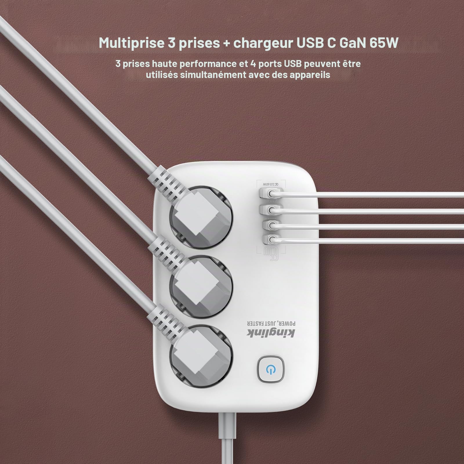 Bloc multiprise, avec chargeur USB C, 65 W, multiprise 3 prises, avec interrupteur, bloc d'alimentation GaN USB C pour iPhone, iPad, MacBook Air/Pro, Galaxy, Huawei, Switch, ordinateur portable Dell