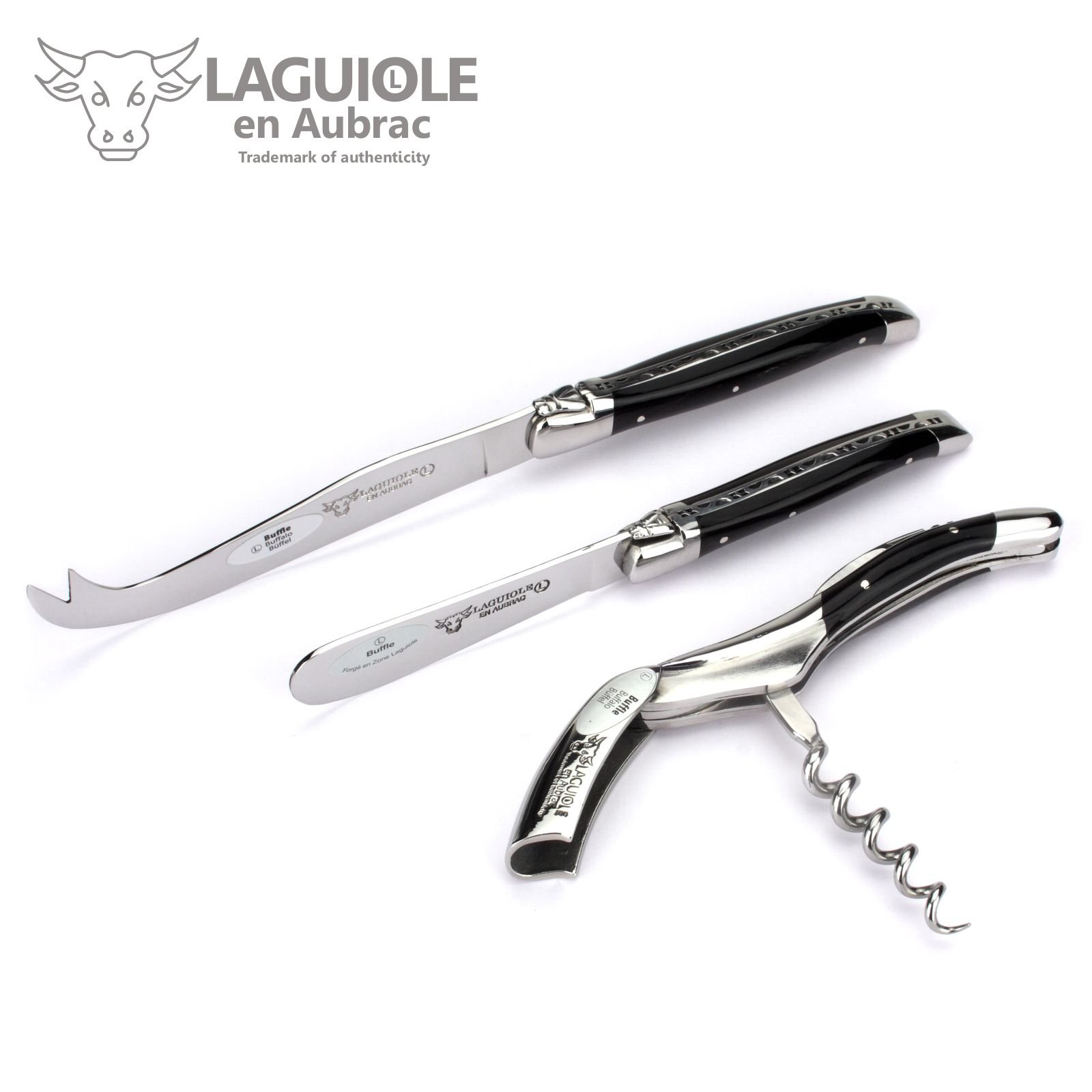Laguiole en Aubrac - Set Kellnermesser Käsemesser Buttermesser - Griff Büffelhorn - Edles Wein Käse Besteck Geschenkset