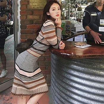 Elegant Striped Dress Vintage Slim Women Sweater Dress O