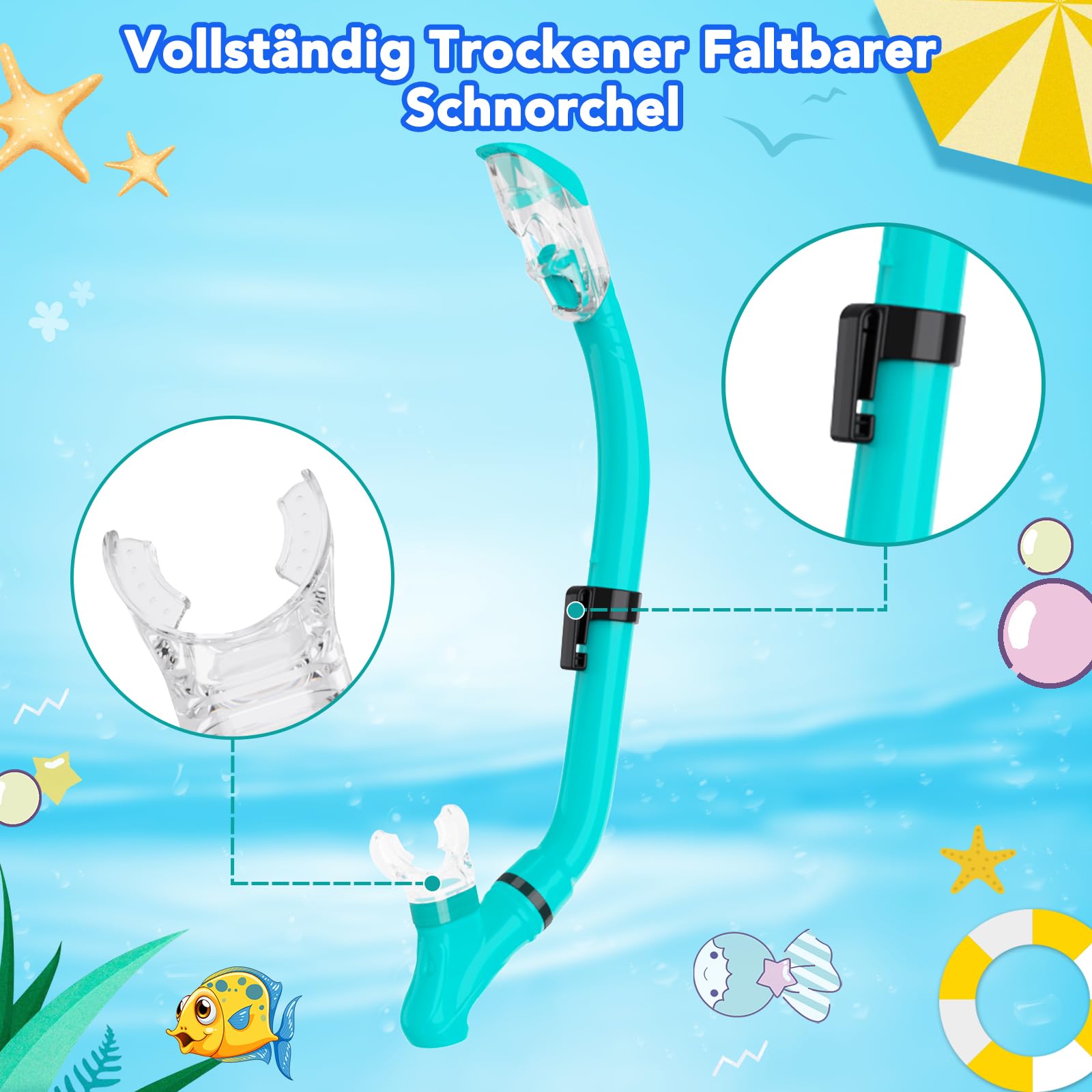 Schnorchelset Kinder mit Flossen, 180° Anti-Fog Panorama Weitblick Taucherbrille Kinder, Verstellbaren Schwimmflossen, Hochwertige Tauchermaske und Dry Top Schnorchel für Schwimmen