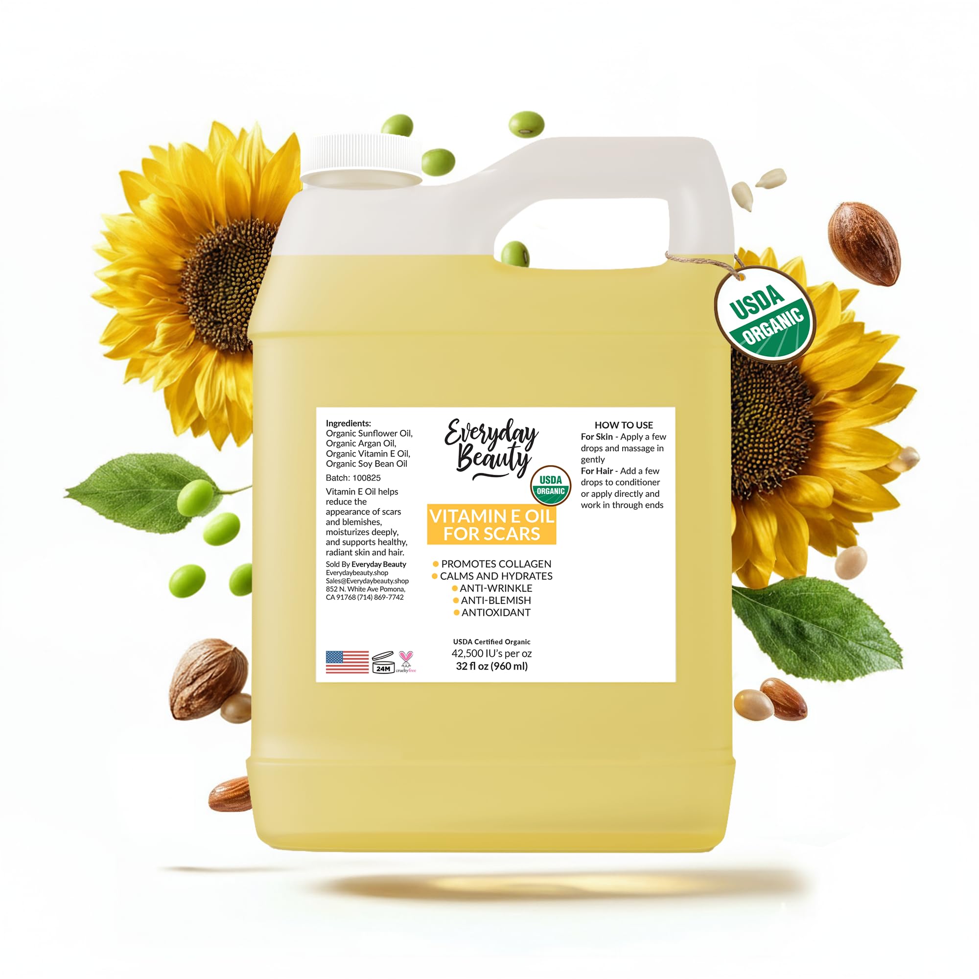 Organic Vitamin E Oil Bulk - 32oz USDA Certified 100% All Natural Plant Based - Light and Unscented Great for Scars After Surgery - For Face, Skin and Nails - Anti-Aging, Reduce Appearance of Wrinkles