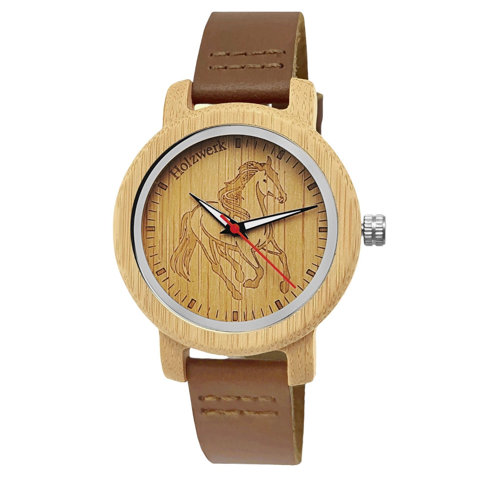 Holzwerk Germany Mädchen-Uhr Jungen-Uhr Kinderuhr Öko Natur Holz-Uhr Leder Armband-Uhr Analog Klassisch Quarz-Uhr Kinder Uhr mit Pferde Pony Motiv in Rot Schwarz Blau Türkis Braun