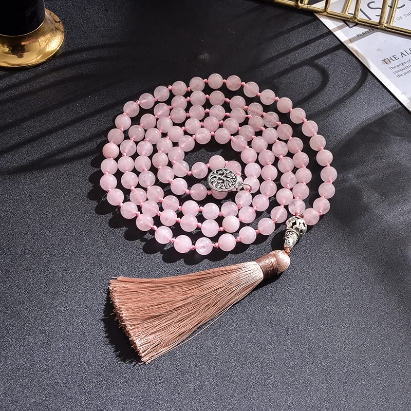 108 Mala Prayer Beads Necklace Natural Stones Meditation Yoga Jewery 108 Hand Knotted Japa Mala Beaded Long Tassel Necklace with Tree of Life Pendant for Men and Women2
