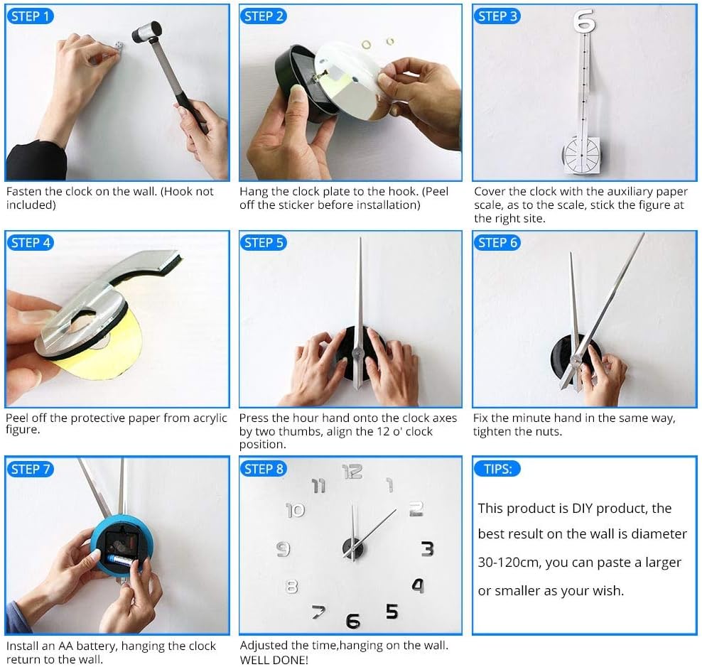 XDG Farm Chicken and Fresh Farm Eggs DIY Large Wall Clock Farmhouse Rustic Wall Decor Kitchen Frameless Wall Clocks Mirror Stickers (Silver、37inch)