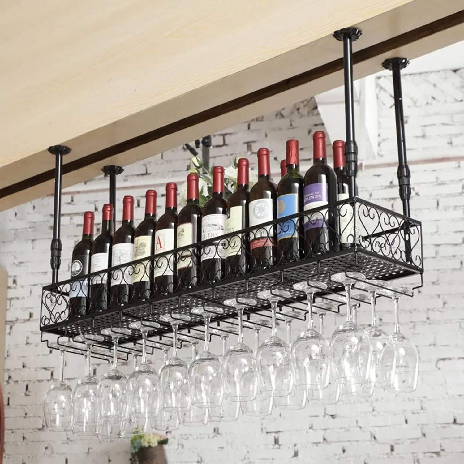 Hanging Wine Glass Holder Rustic Metal Wine Glass Holder Ceiling Wine Rack,Adjustable Height,Hanging Wine Glass Rack,Wine Glass Storage Rack,Stemware Holder Wine Shelf