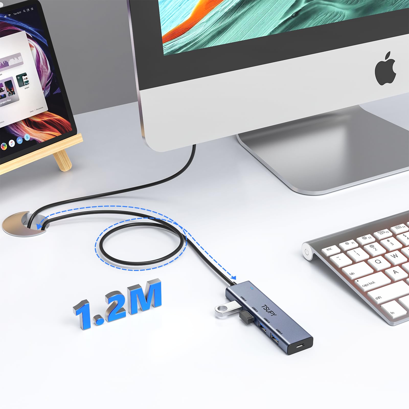 TSUPY Koncentrator USB 3.0 - Aluminiowy Hub Z 4 Portami, Przedłużacz 120 cm, Rozdzielacz 5 Gb/s Do MacBooka, iMaca, Surface Pro, XPS, Notebooka, Pamięci i Więcej