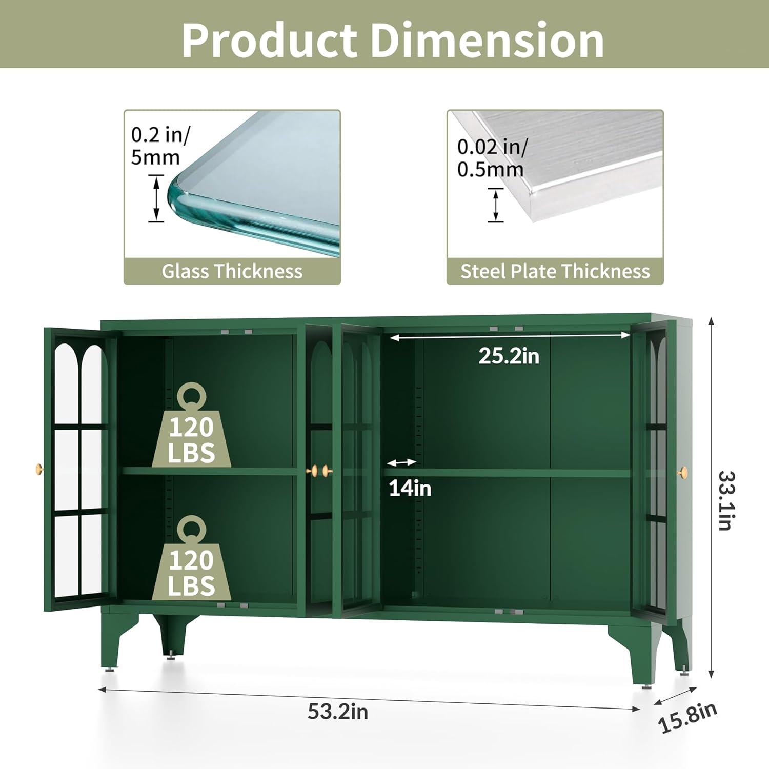 Detailed product dimensions of the Foreate Sideboard Buffet Cabinet, showing glass thickness, steel plate thickness, and overall width, height, and depth.