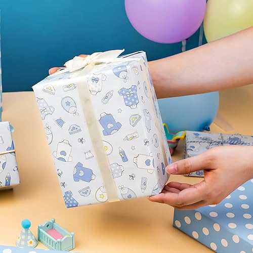 Miniatura 2 de MAYPLUSS Rollo de papel de regalo para bebé recién nacido, 17 pulgadas x 33 pies, bonito diseño de bebé azul y biberones, envoltura de regalo, para