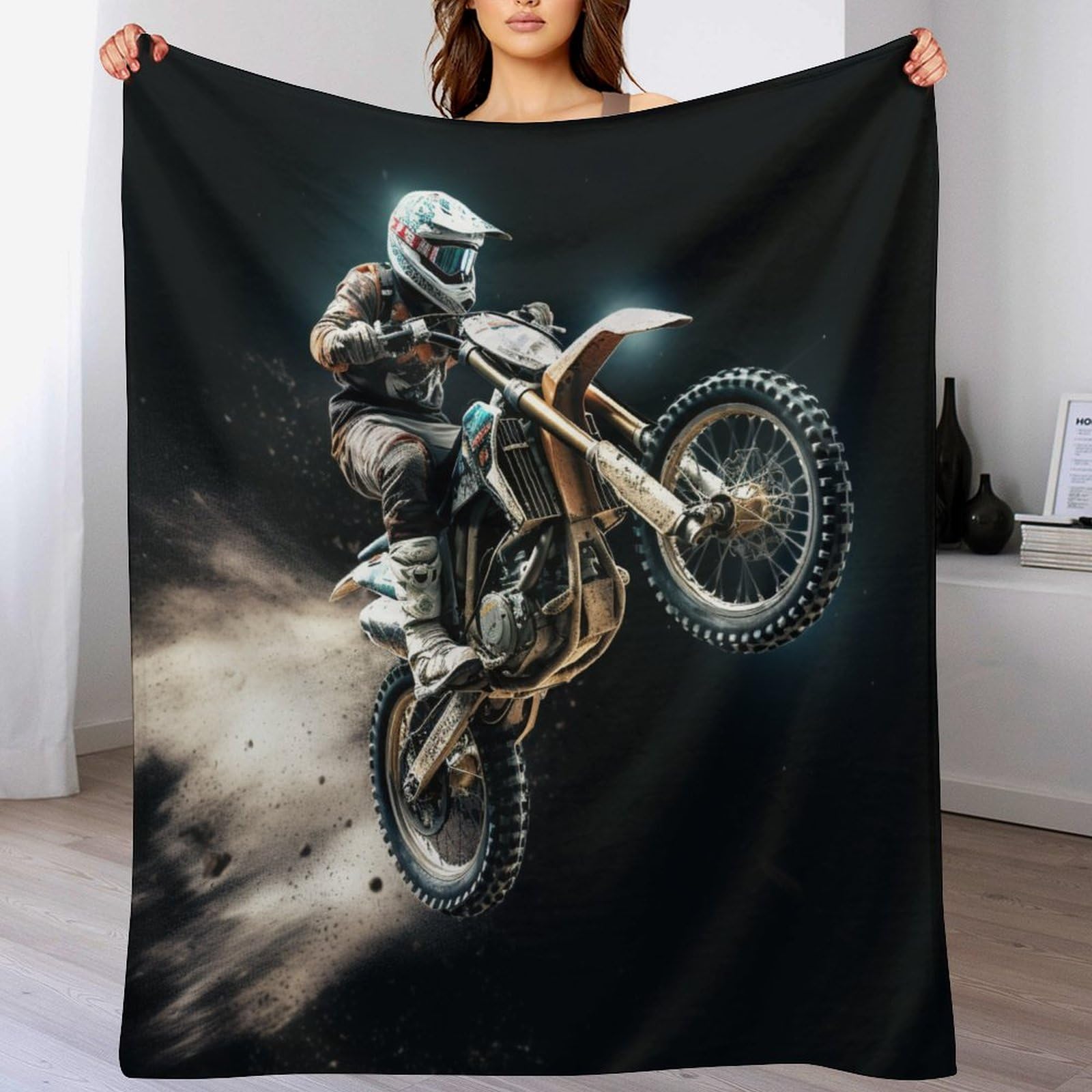 Couverture Polaire Motocross en Flanelle Chaude et Douce pour Lit et Canapé 150x200cm